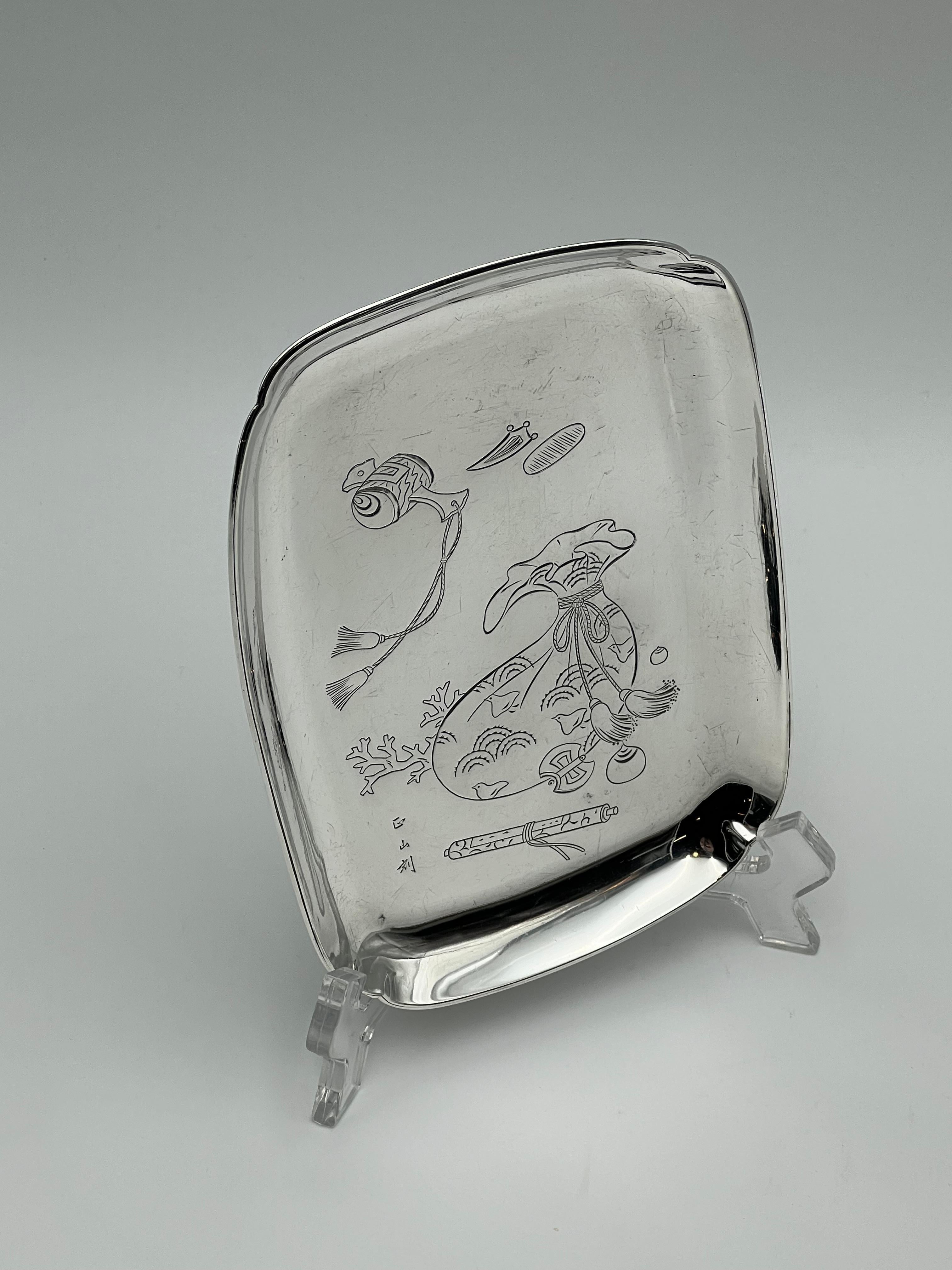 Bandeja japonesa antigua de plata maciza de 18/1900, hecha a mano, firmada en venta 1