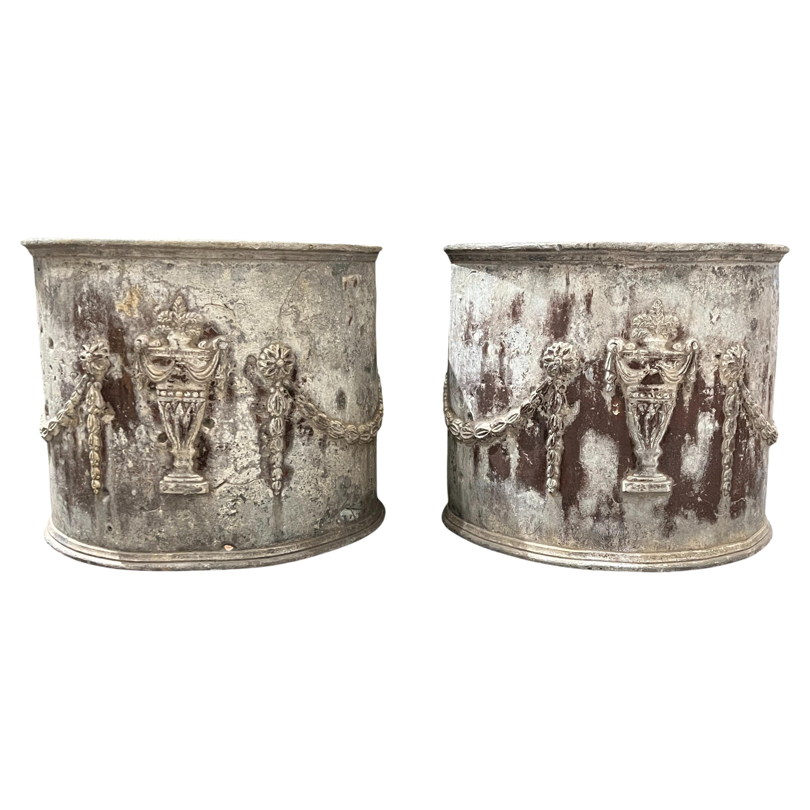 18/19th Century English Pair of Lead Planters w/Amphorae & Garland Relief