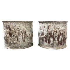 Antique 18/19th Century English Pair of Lead Planters w/Amphorae & Garland Relief