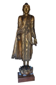 18-19th Century, Manalai, Birmania, Gilded Wood with Glassware Inlays Standing