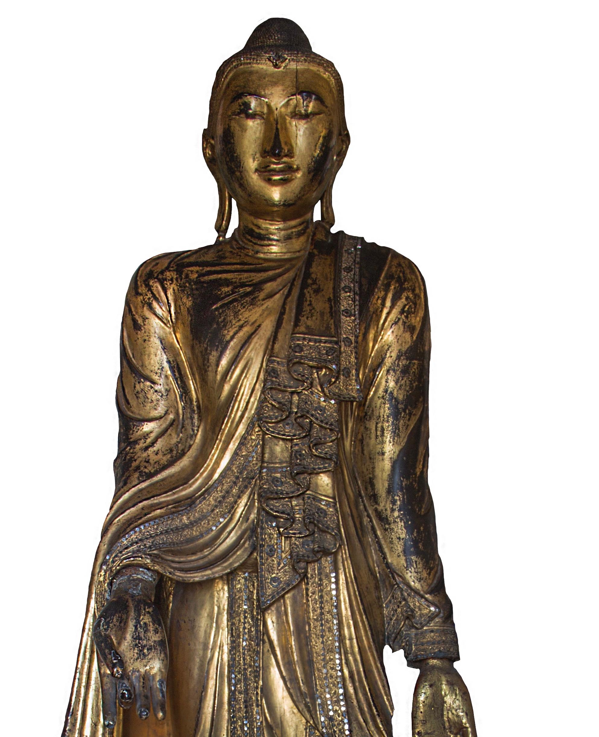 Asian 18-19th Century, Manalai, Birmania, Gilded Wood with Glassware Inlays Standing