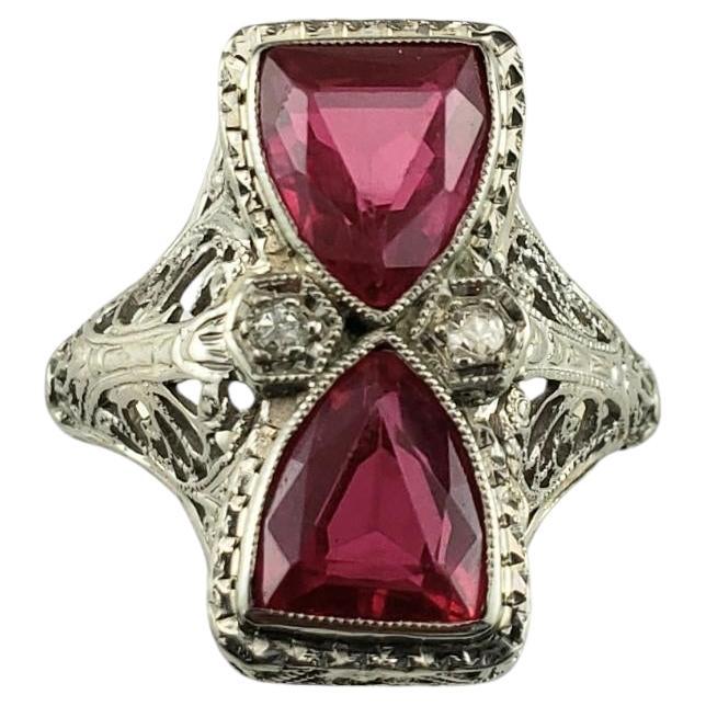 18 - 20K White Gold Filigree Red Gemstone and Diamond Ring Size 6.5 #19745