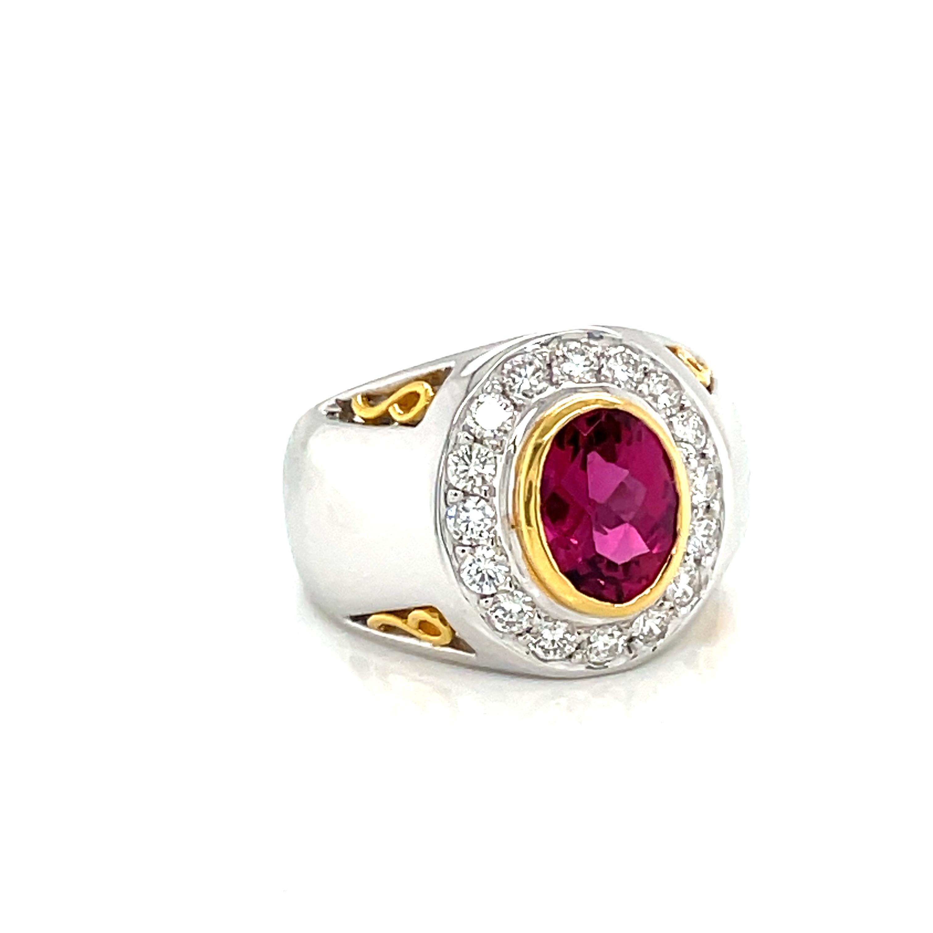 Oval Cut 18/22k Gold Oval-Shaped Rubellite Cts 2 Diamond Engagement Ring For Sale