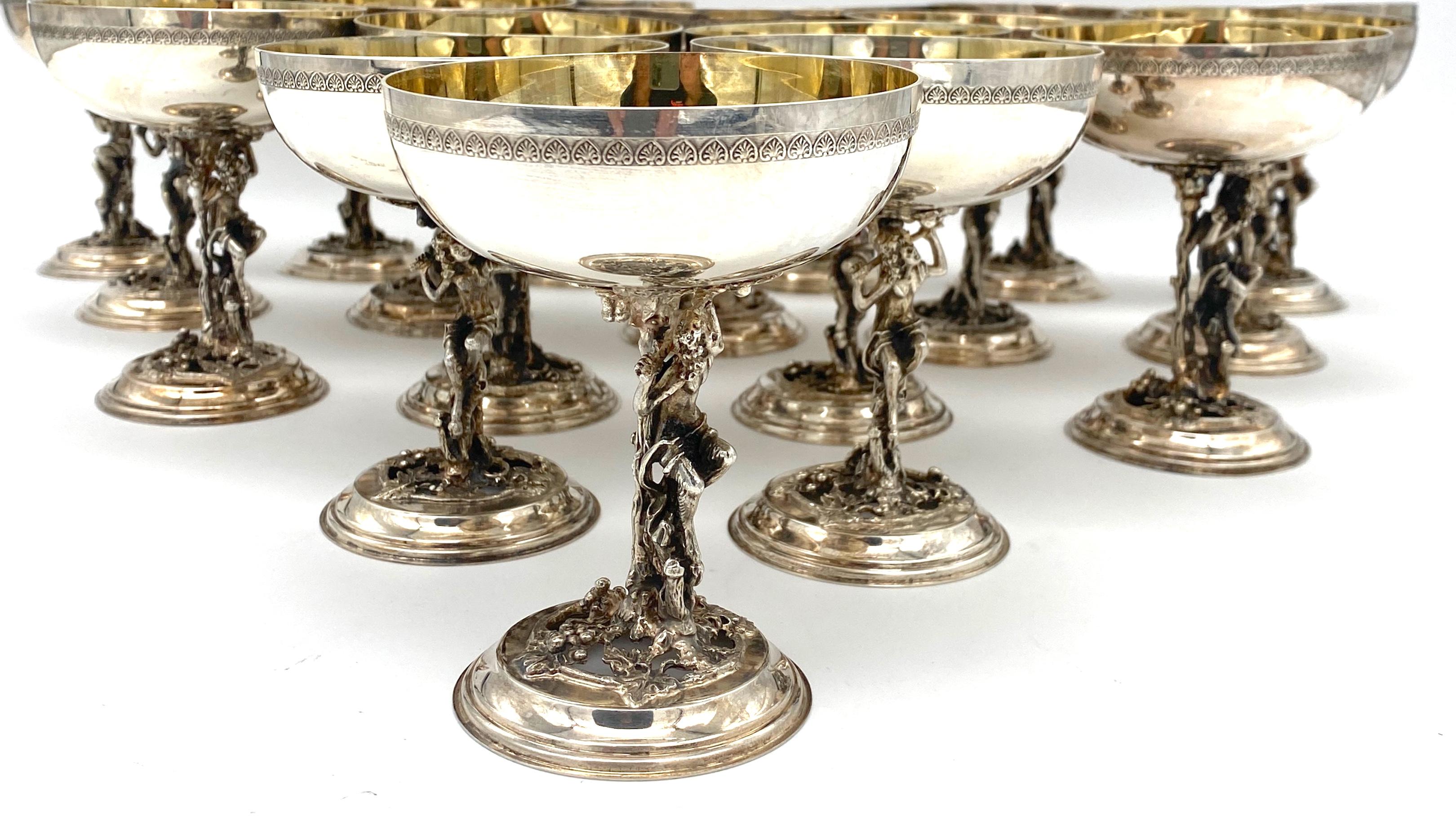 Neoclassical 18 AlpaDur Silverplated Figural Bacchus with Pierced Grape Leaf Design Goblets For Sale