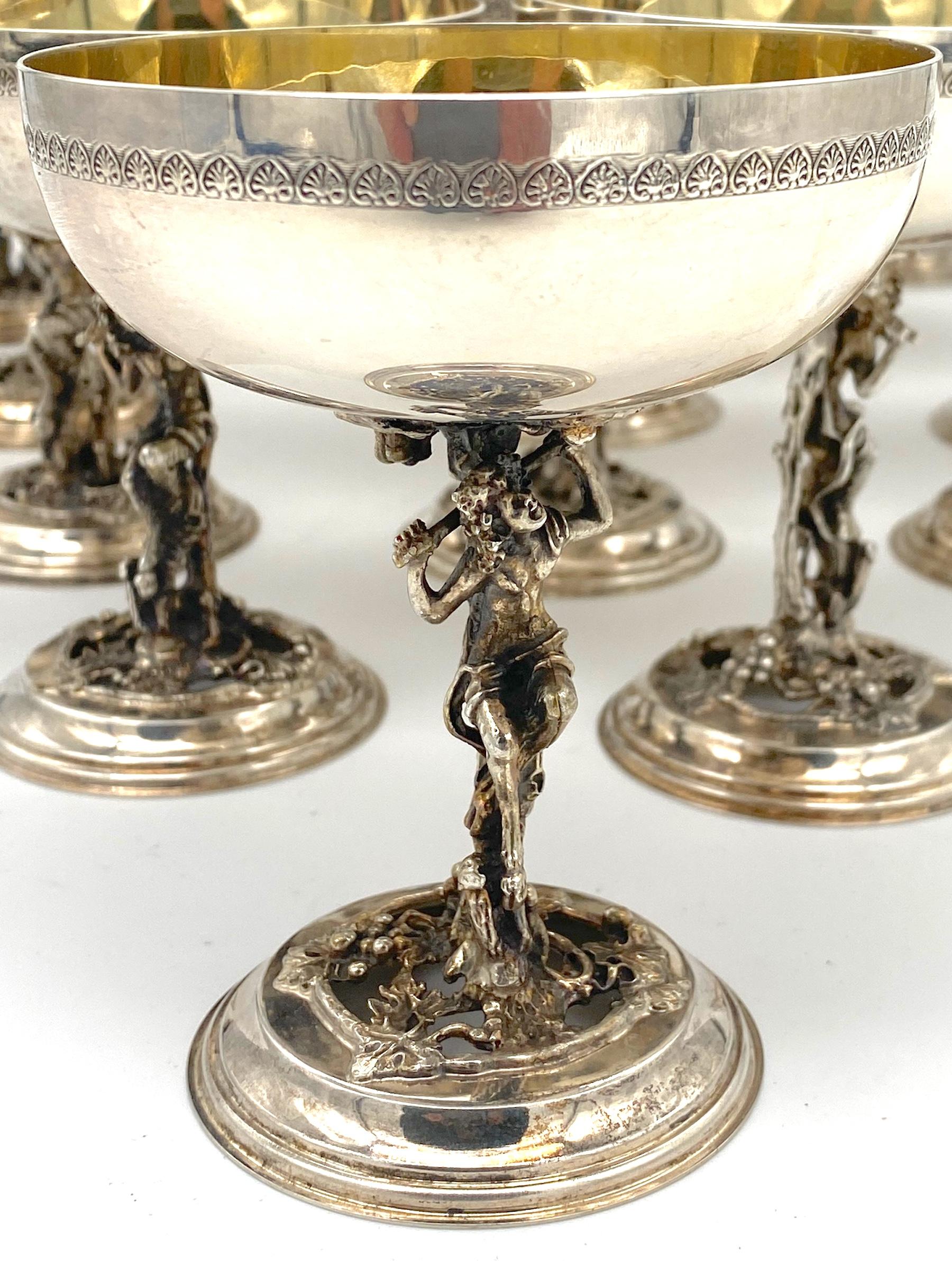 20th Century 18 AlpaDur Silverplated Figural Bacchus with Pierced Grape Leaf Design Goblets For Sale