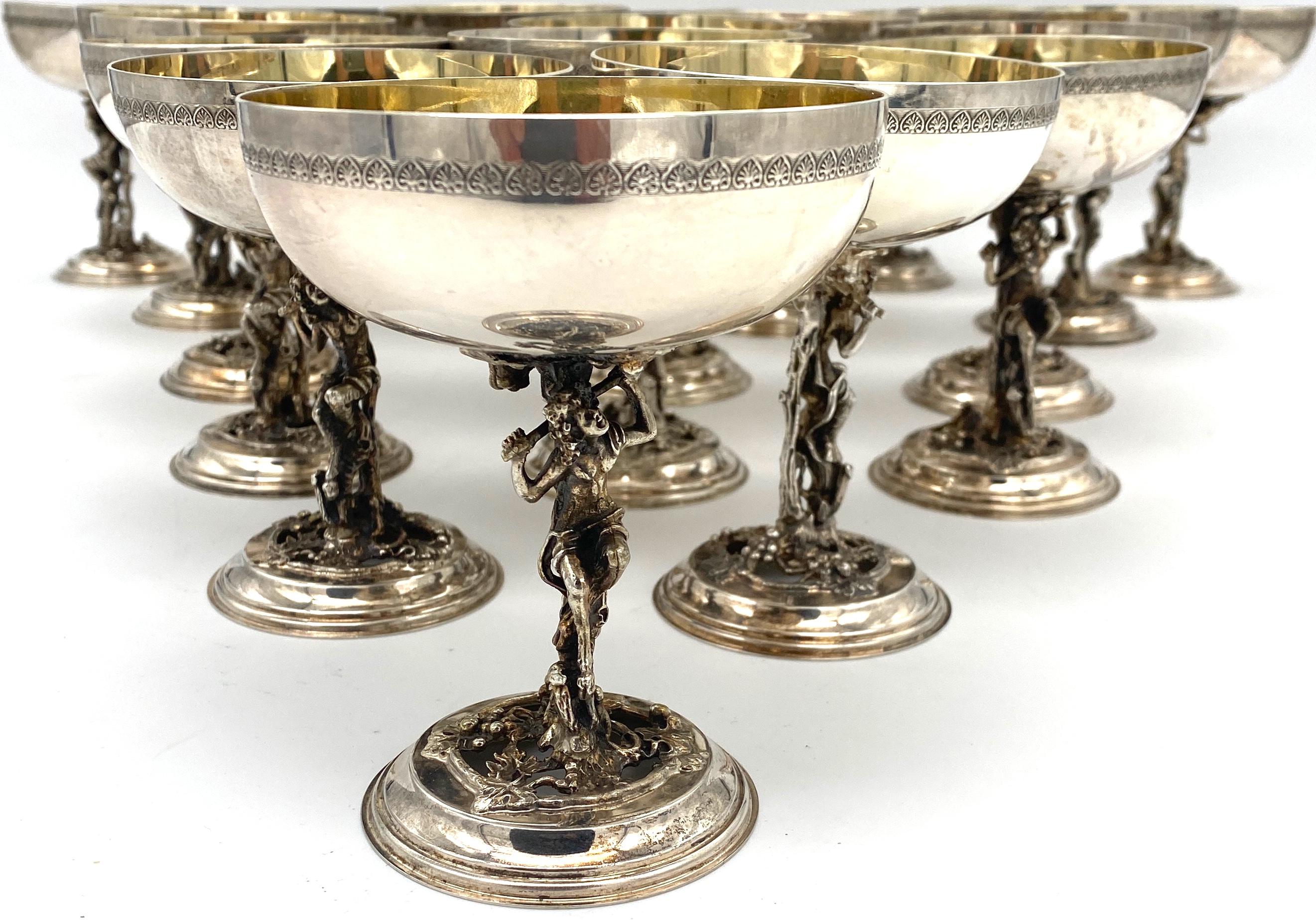 Silver Plate 18 AlpaDur Silverplated Figural Bacchus with Pierced Grape Leaf Design Goblets For Sale