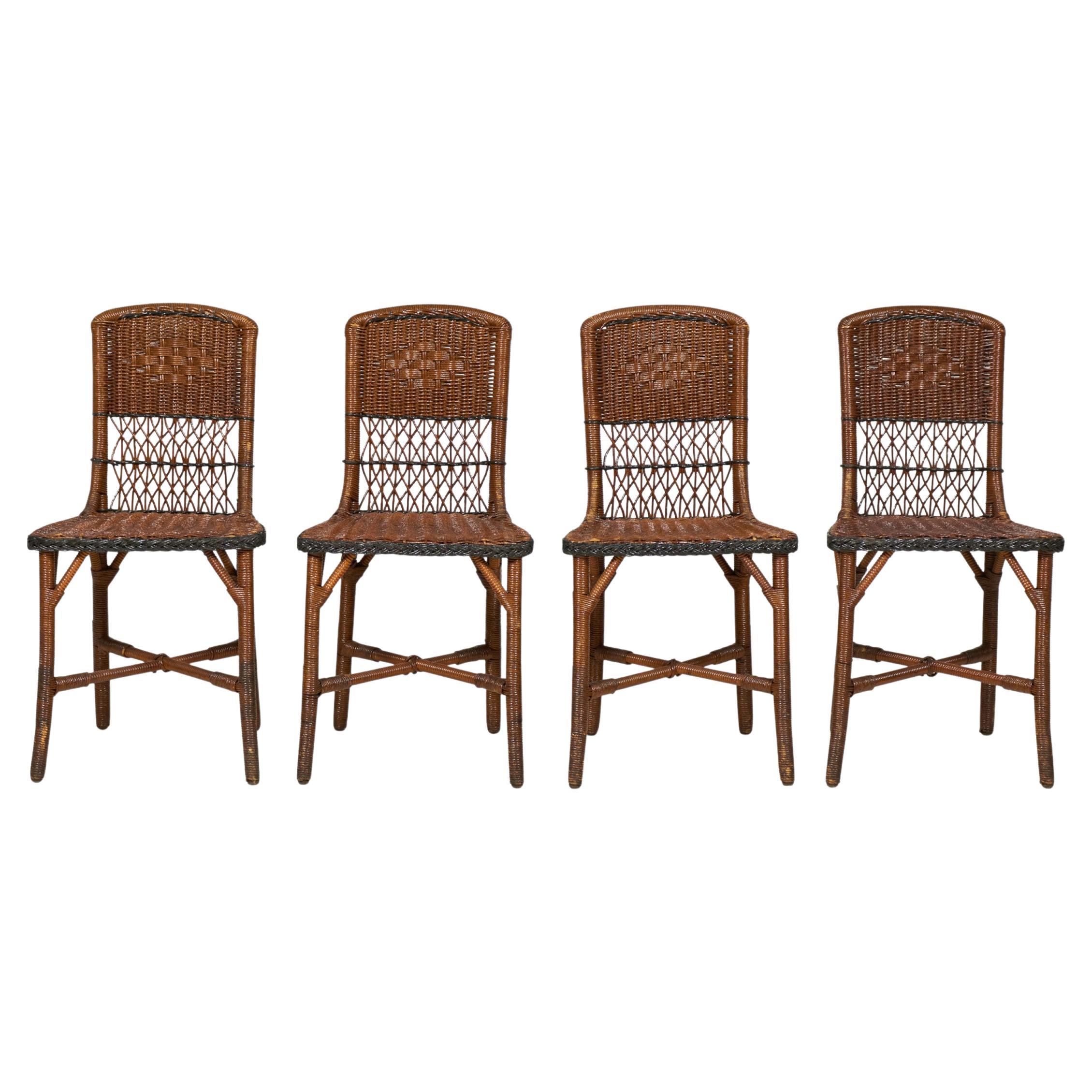 18 American Art Deco Style Brown and Green Wicker Side Chairs