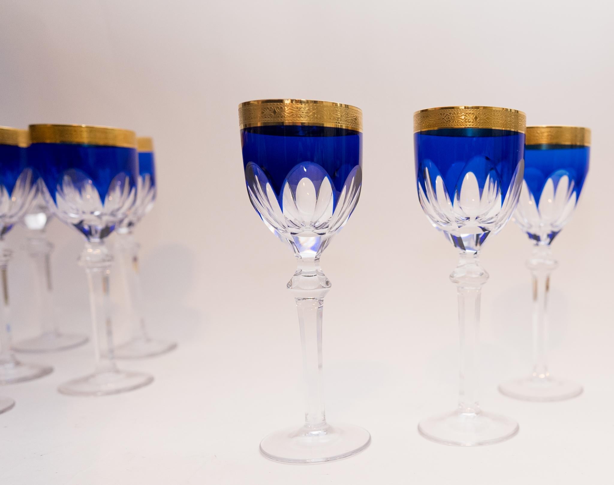 Czech 18 Antique Cobalt Blue Cut & Cased Crystal Goblets, 24 Karat Gold Bands, Tall