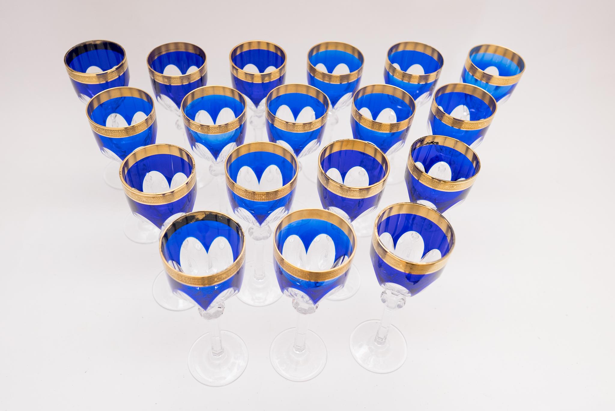 Hand-Crafted 18 Antique Cobalt Blue Cut & Cased Crystal Goblets, 24 Karat Gold Bands, Tall