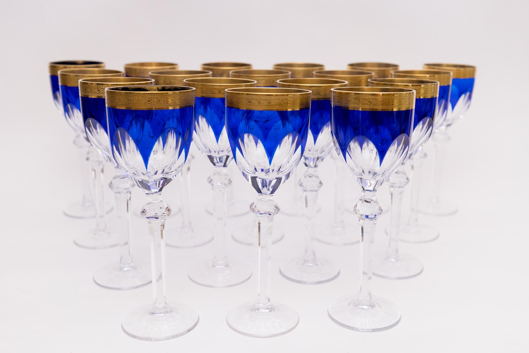 18 Antique Cobalt Blue Cut & Cased Crystal Goblets, 24 Karat Gold Bands, Tall In Good Condition In West Palm Beach, FL