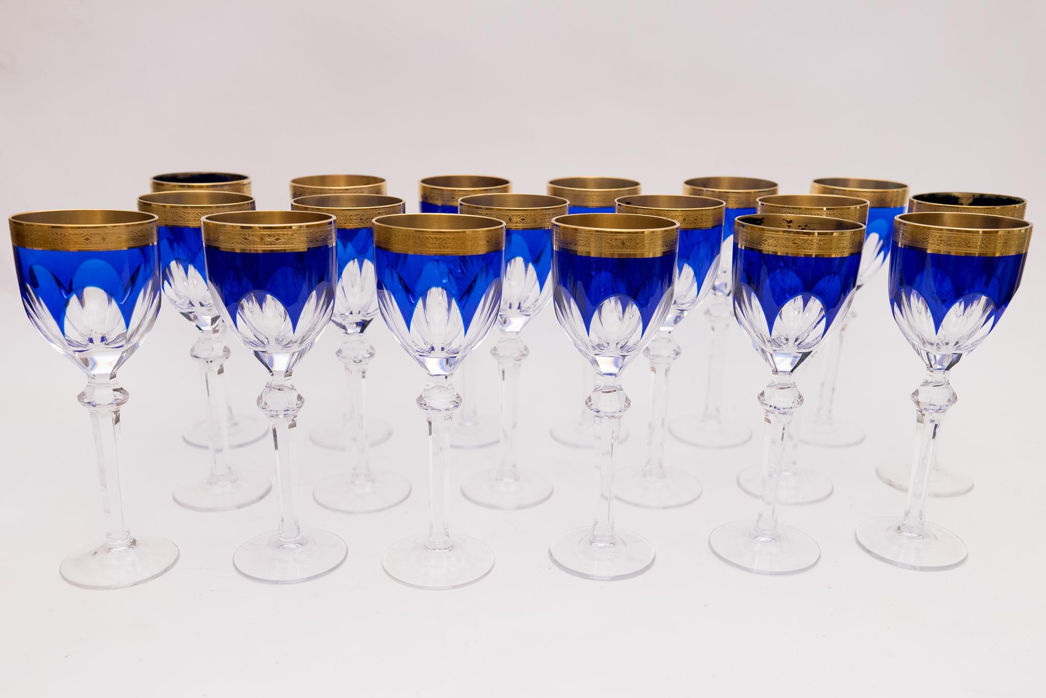 Early 20th Century 18 Antique Cobalt Blue Cut & Cased Crystal Goblets, 24 Karat Gold Bands, Tall