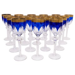 18 Antique Cobalt Blue Cut & Cased Crystal Goblets, 24 Karat Gold Bands, Tall