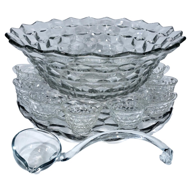 18" Antique Fostoria American Clear 15 Pc Punch Bowl Set For Sale