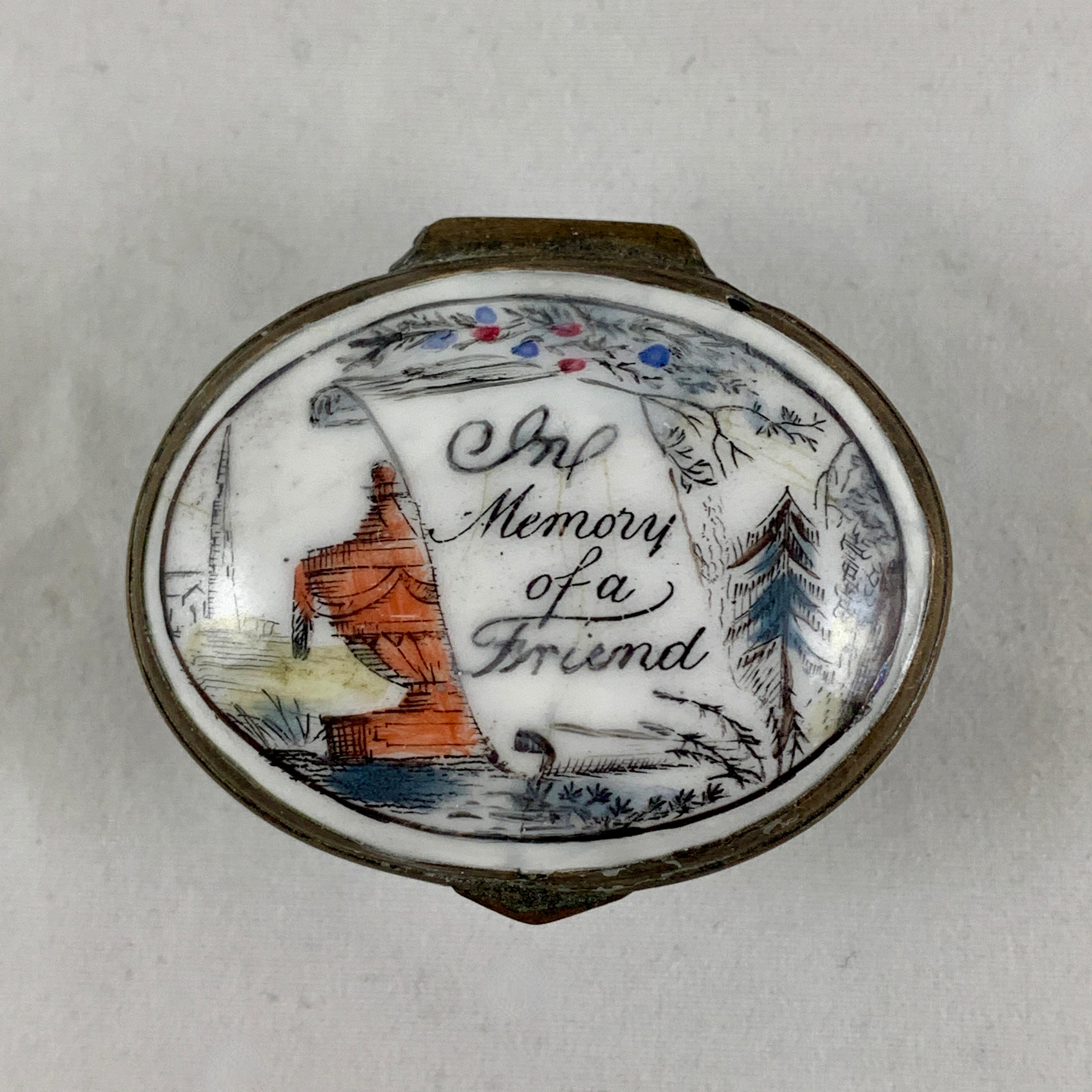 An 18th century Georgian English Bilston Battersea enameled snuff or patch box, the motto reads, “In Memory of a Friend.” An example of Memento Mori, which translates from the Latin, “Remember that you must die.”

The pastoral scene shows an