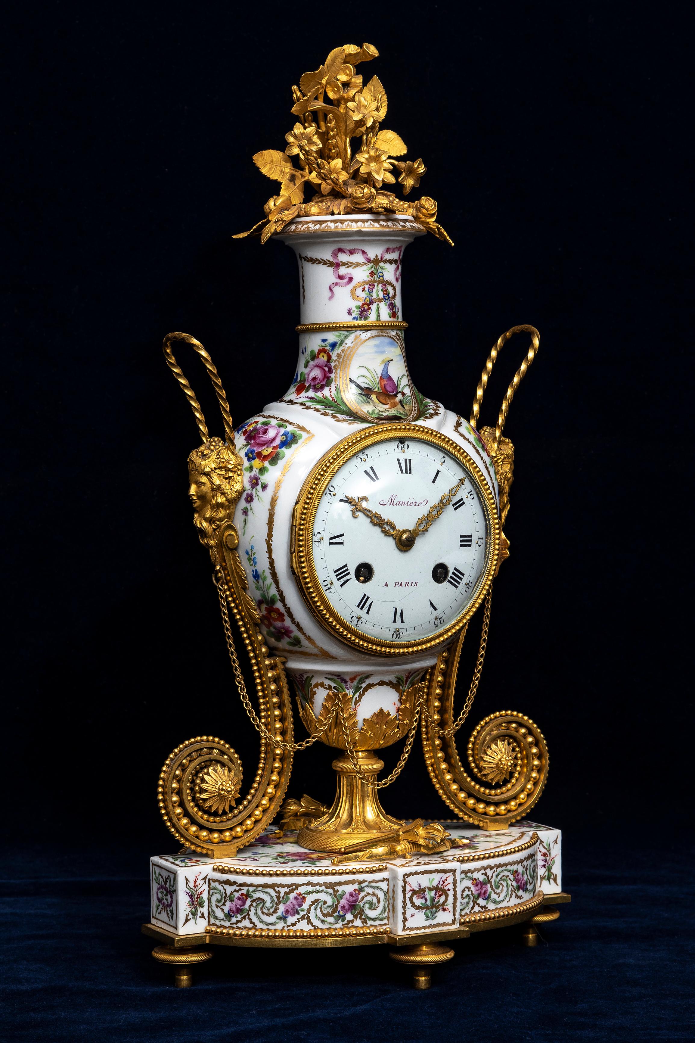 Late 18th Century 18 C. Louis XVI French Ormolu Mtd. Queen’s Manufacture Porcelain Clock, F. Godon For Sale