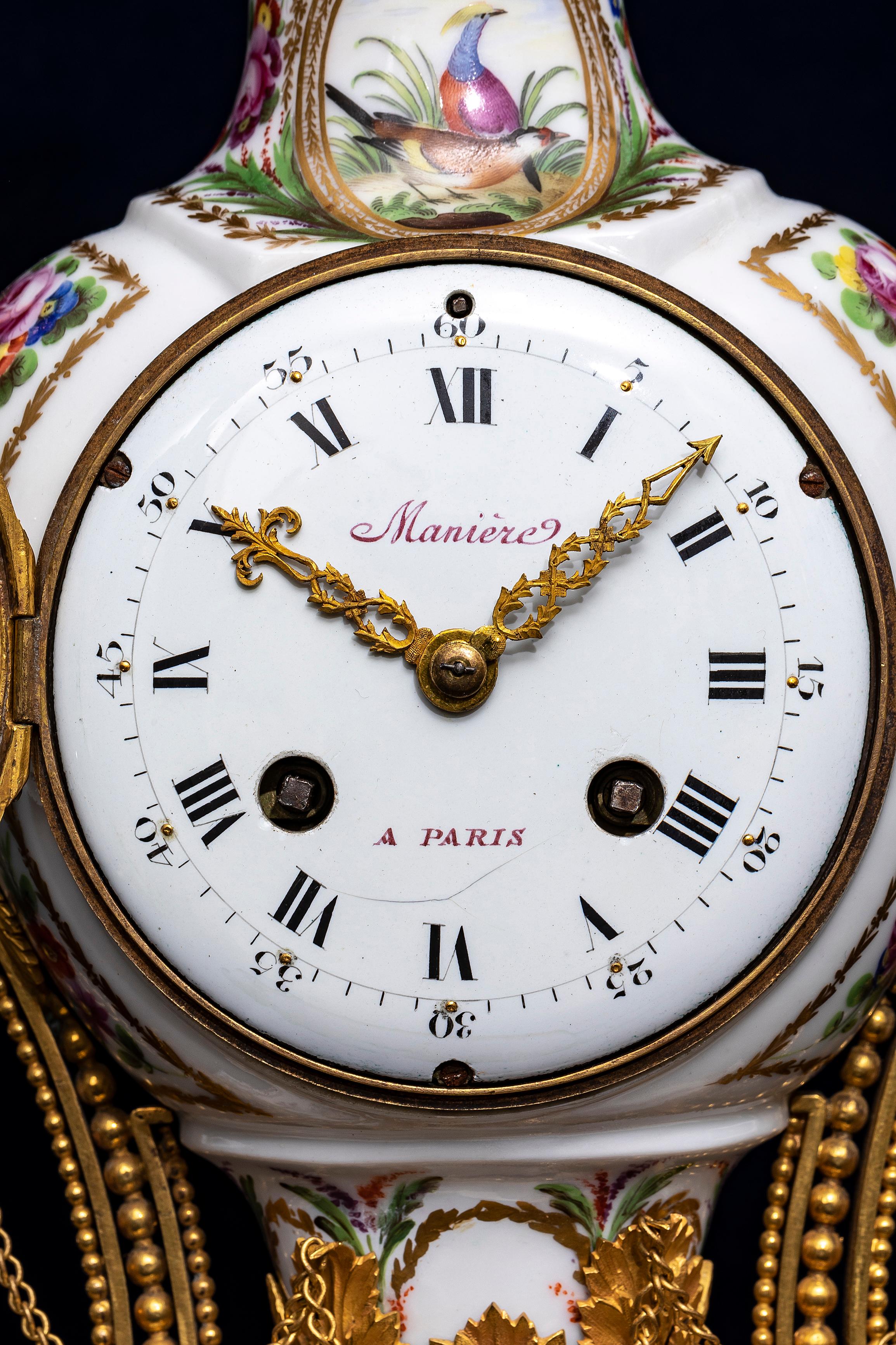 Bronze 18 C. Louis XVI French Ormolu Mtd. Queen’s Manufacture Porcelain Clock, F. Godon For Sale