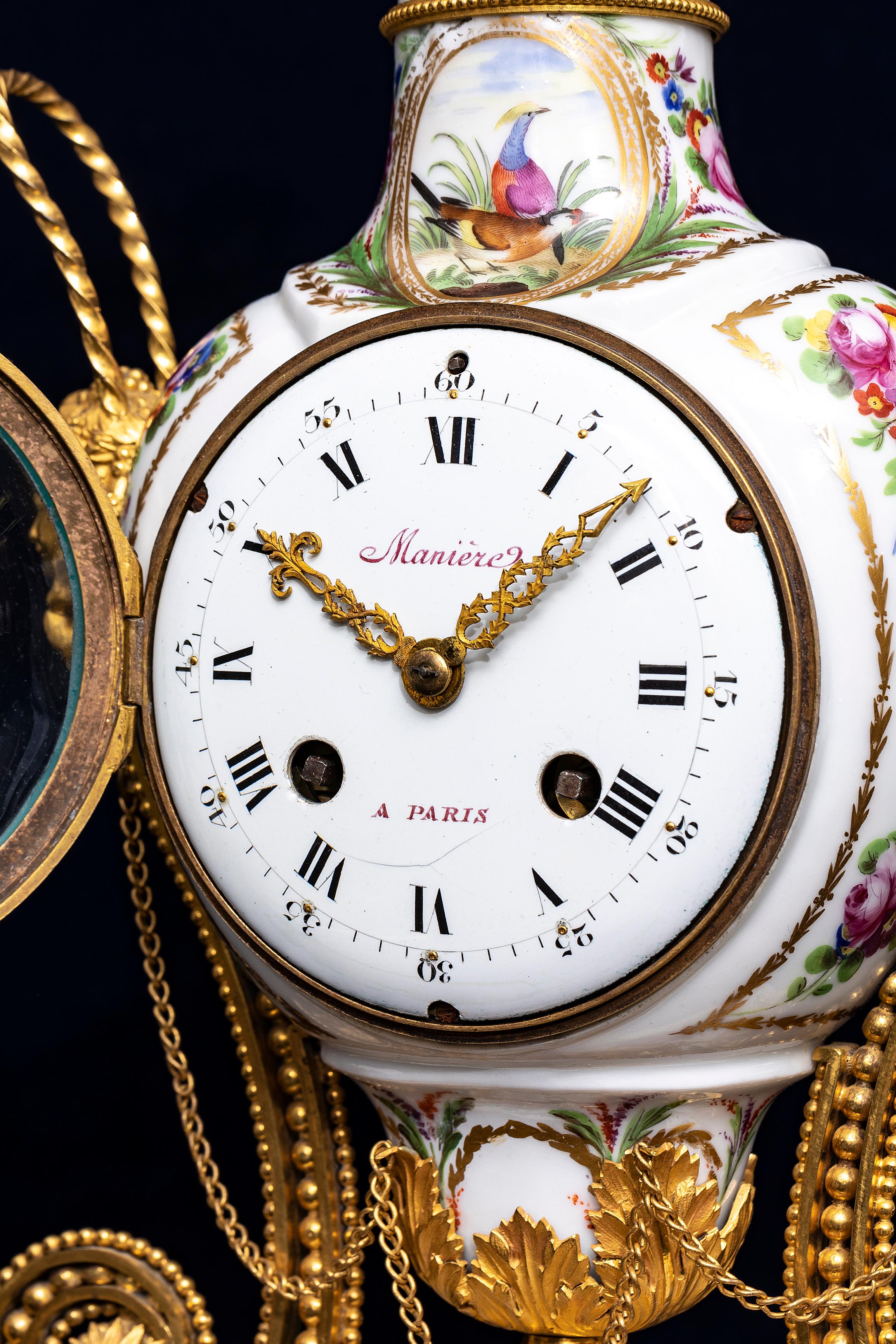 18 C. Louis XVI French Ormolu Mtd. Queen’s Manufacture Porcelain Clock, F. Godon For Sale 1