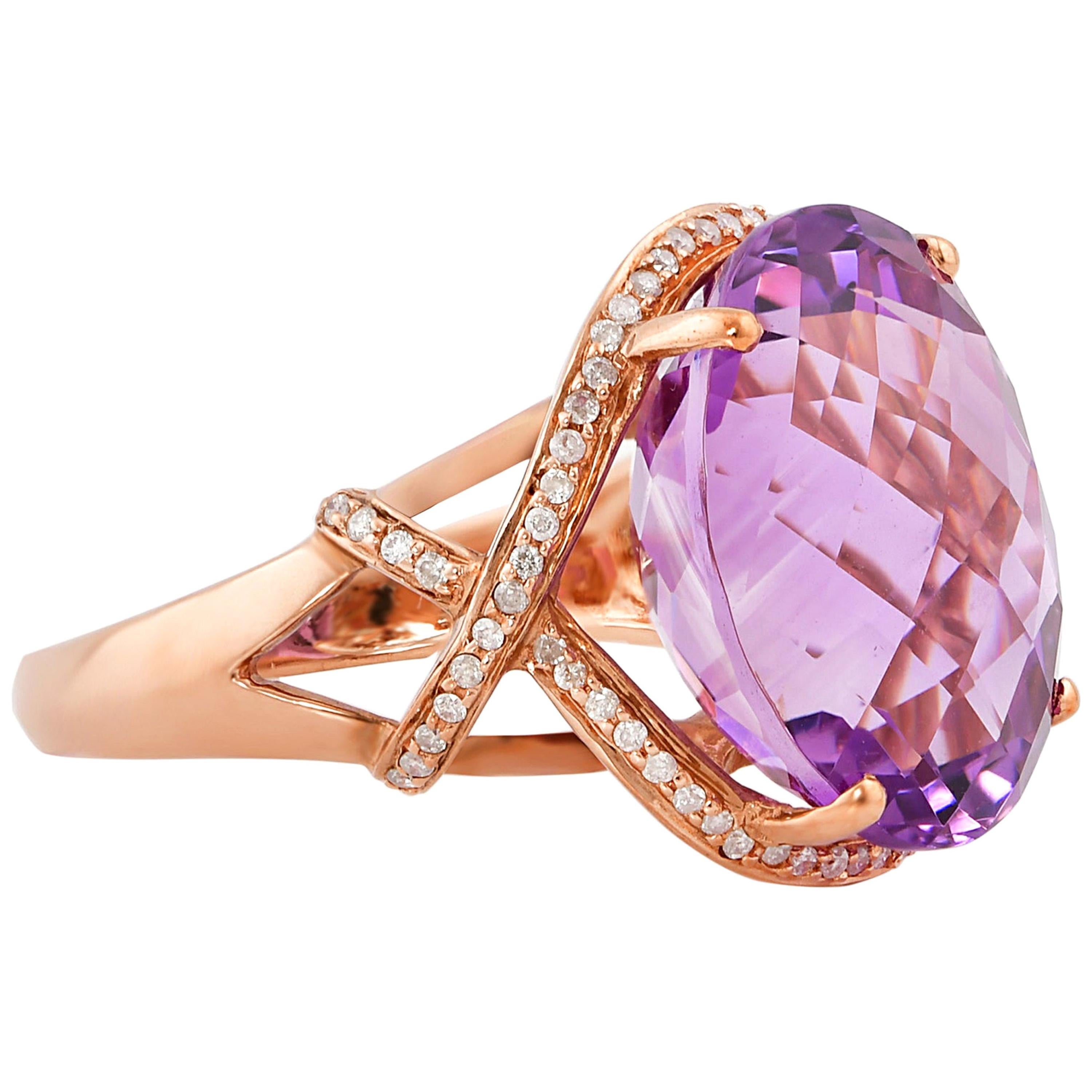 18 Carat Amethyst Ring in 10 Karat Rose Gold with Diamonds For Sale