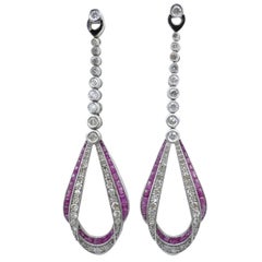 18 Carat and White Gold and Sterling Silver Ruby and Diamond Long Drop Earrings