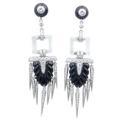 18 Carat Art Deco Style Black Enamel and Diamond Drop Earrings