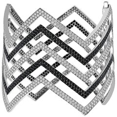 18 Carat Black and White Diamond Chevron Cuff in 18 Karat White Gold