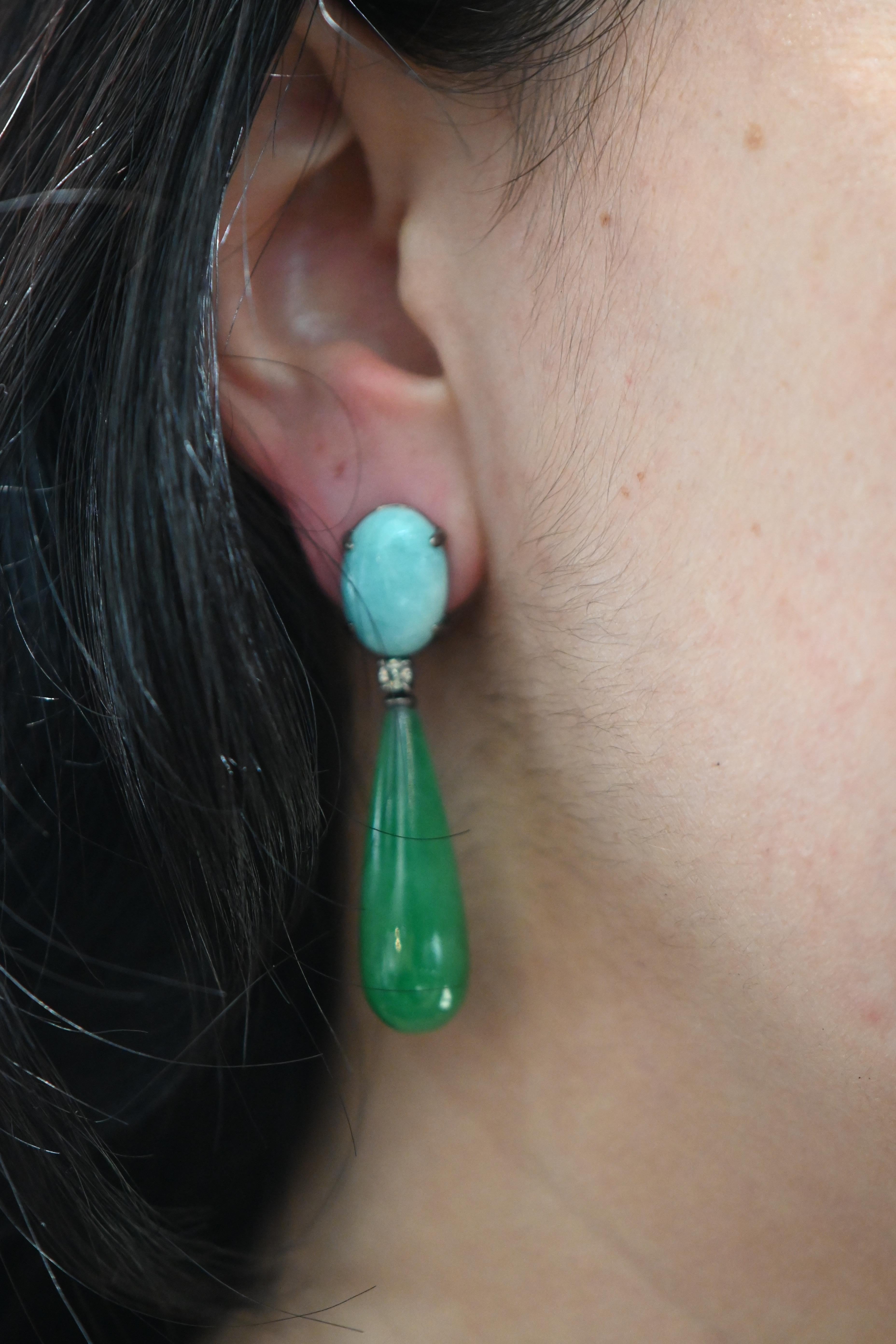Modern 18-Carat Black Gold Earrings with Amazonite, Jade, and Sapphire Embellishments