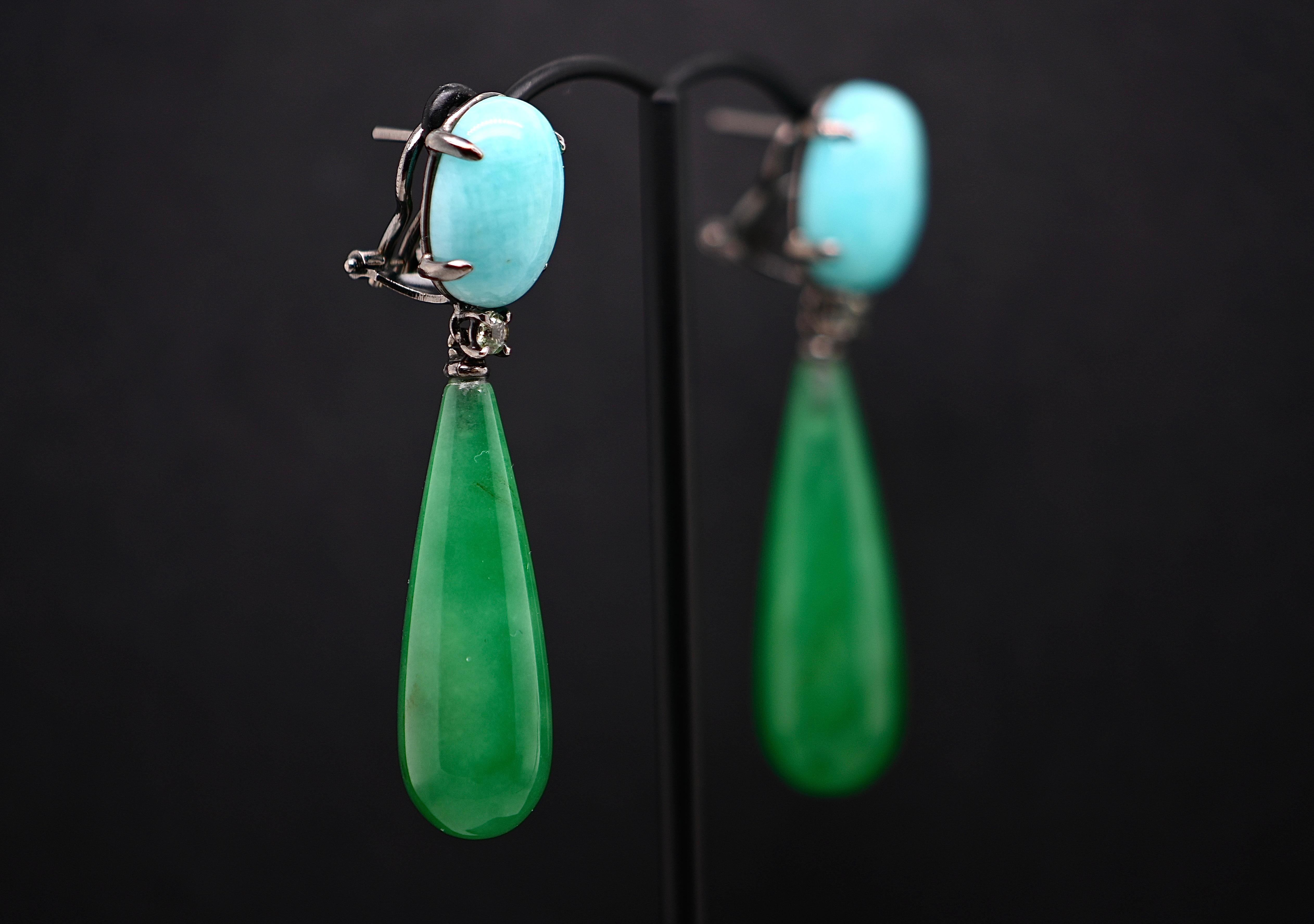 Brilliant Cut 18-Carat Black Gold Earrings with Amazonite, Jade, and Sapphire Embellishments