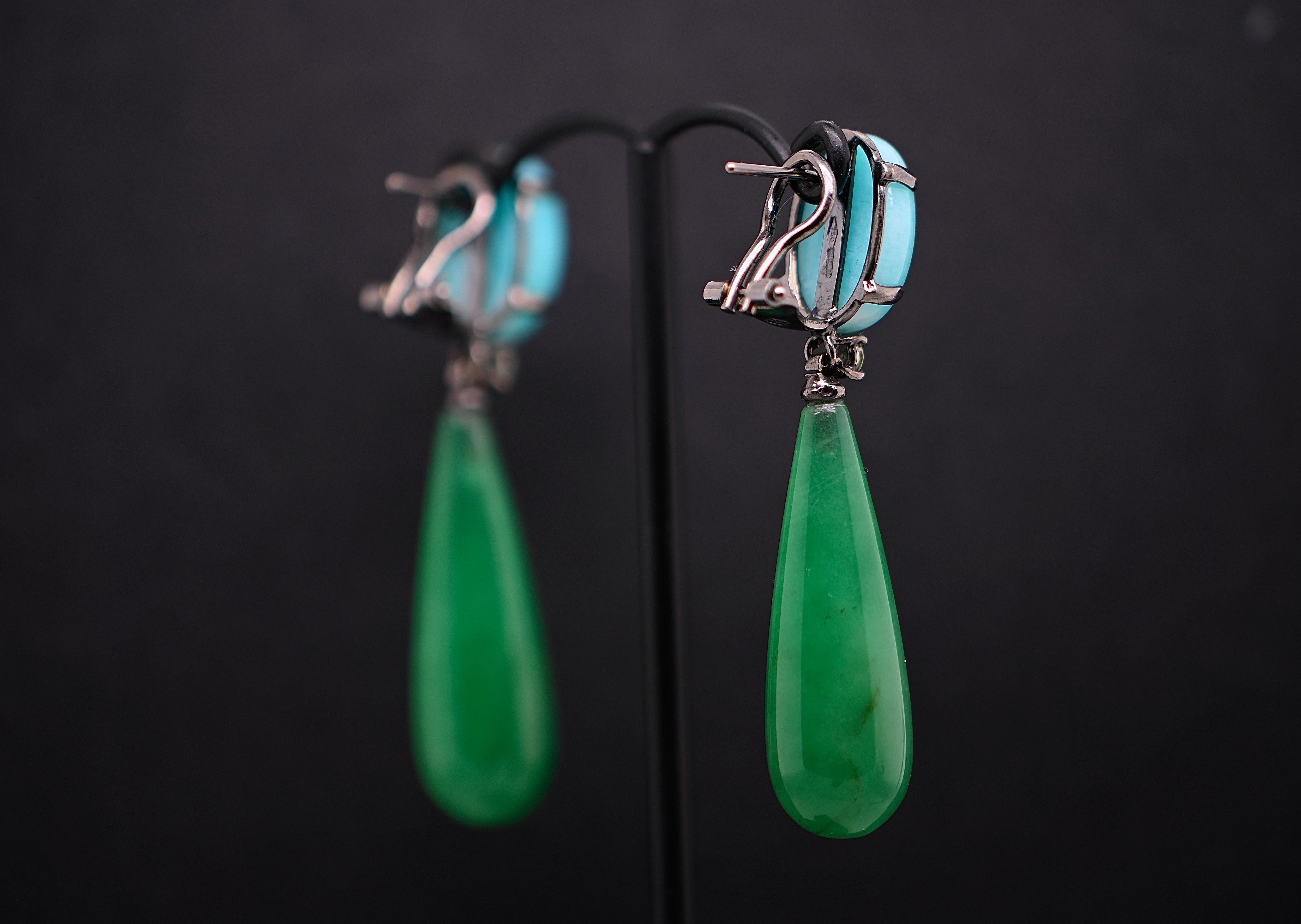 18-Carat Black Gold Earrings with Amazonite, Jade, and Sapphire Embellishments In New Condition In Vannes, FR