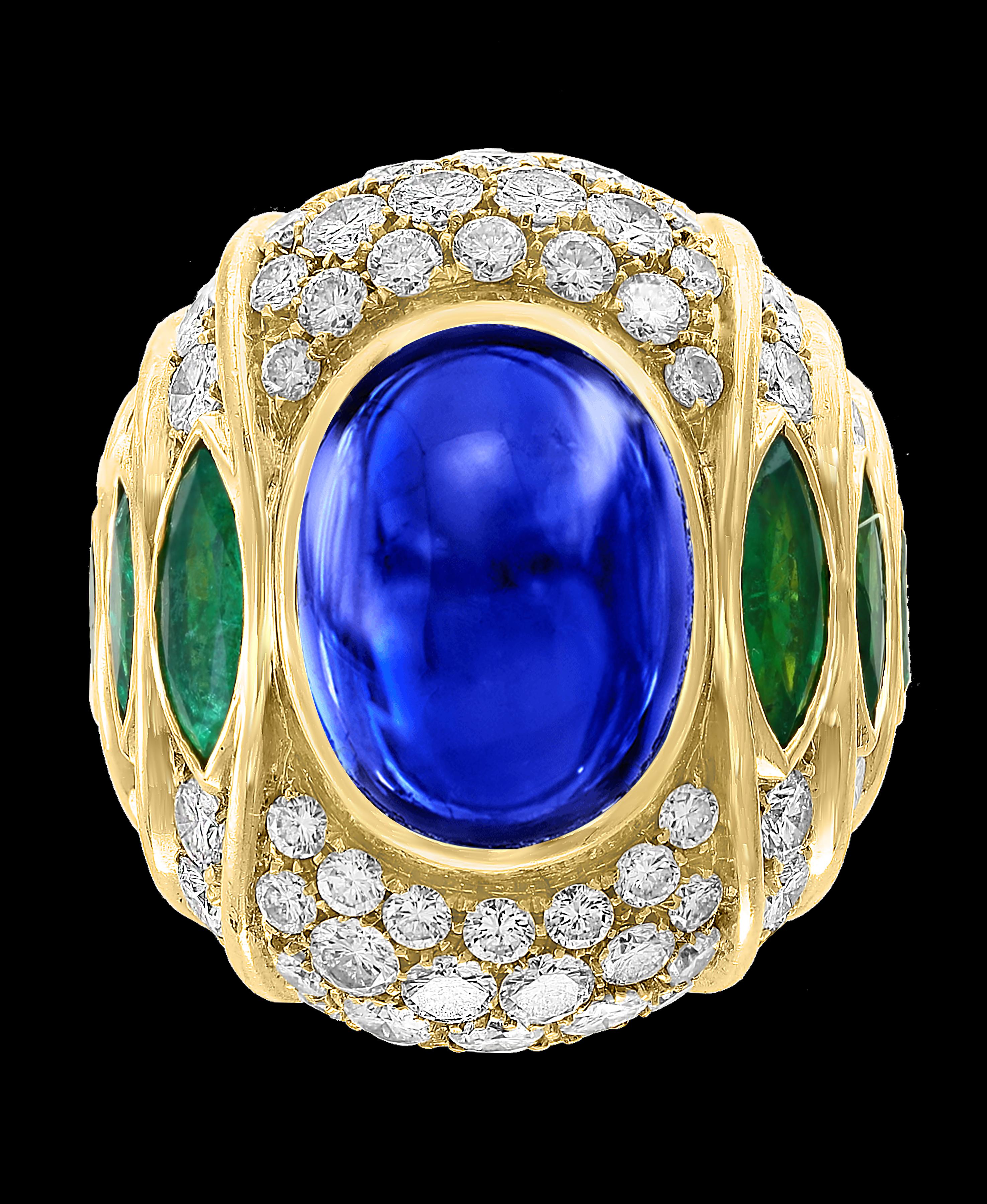 Oval Cut 18 Carat Blue Sapphire Cabochon and Diamond 18 Karat Gold Ring For Sale