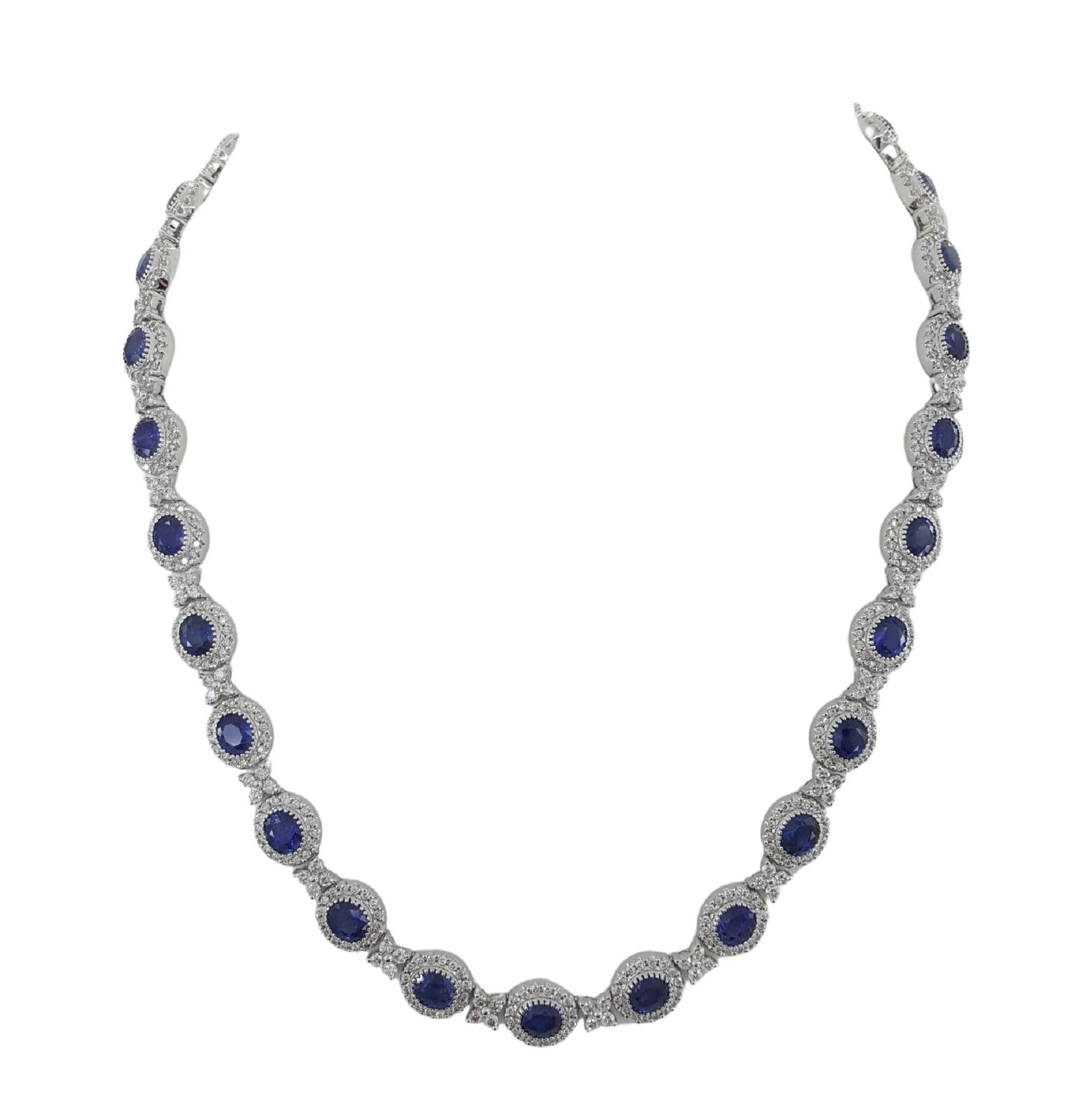 Modern 18 Carat Blue Sapphire Diamonds Oval Necklace For Sale
