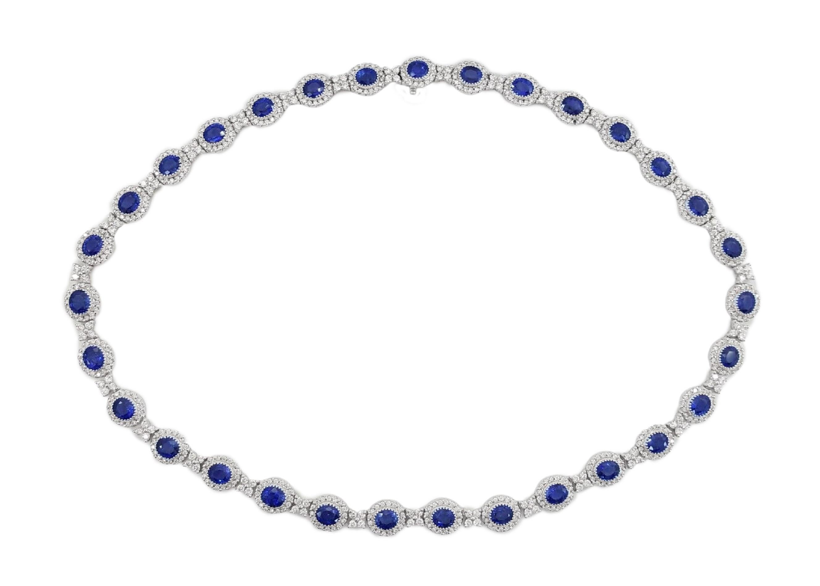 Round Cut 18 Carat Blue Sapphire Diamonds Oval Necklace For Sale
