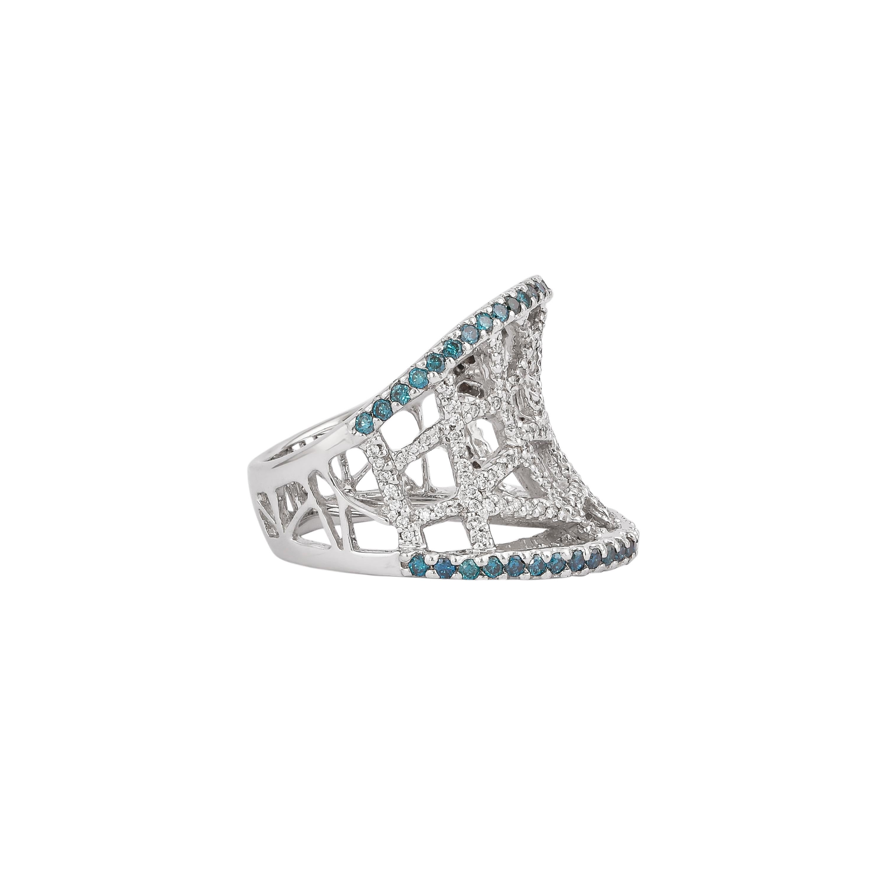 Contemporary 1.8 Carat Blue & White Diamond Ring in 14 Karat White Gold For Sale