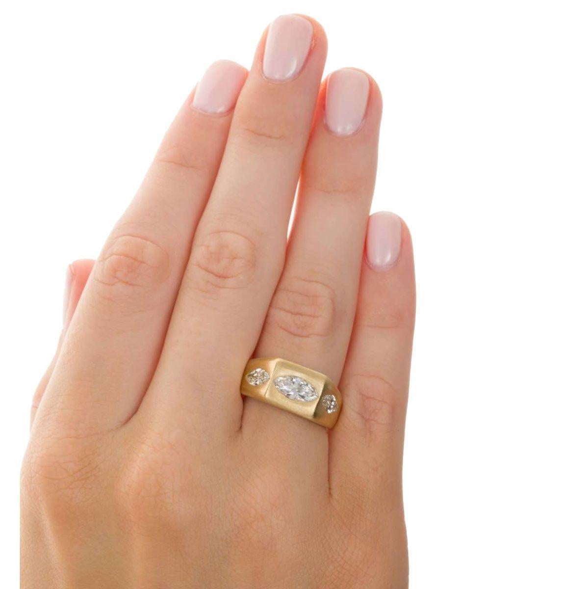 18 carat Brushed Yellow Gold Marquise Cut Hammer Set Diamond Ring 7