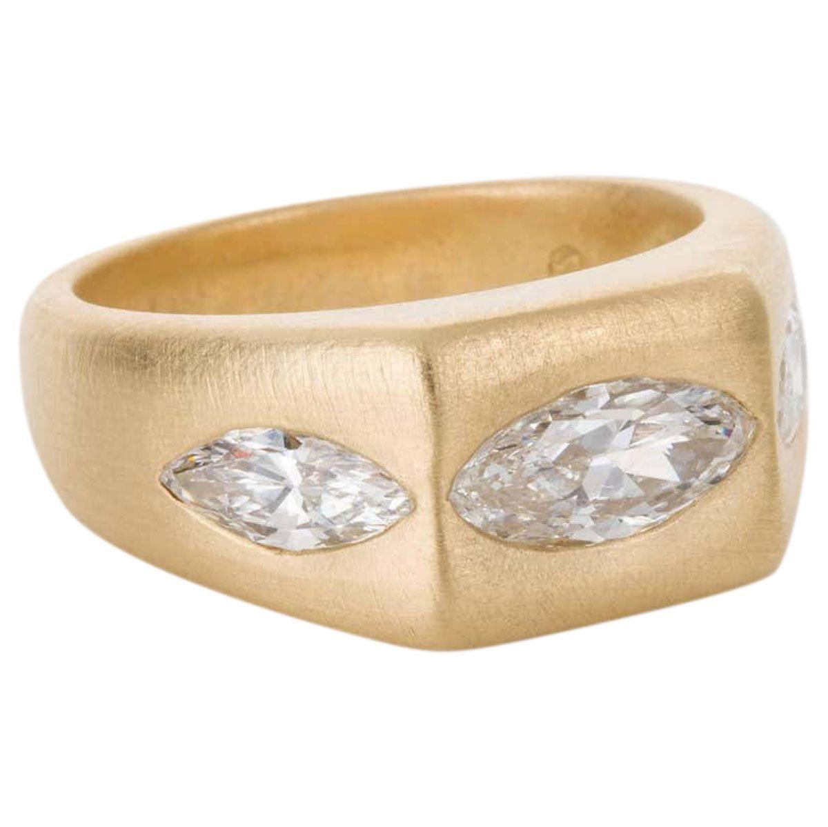18 carat Brushed Yellow Gold Marquise Cut Hammer Set Diamond Ring 1