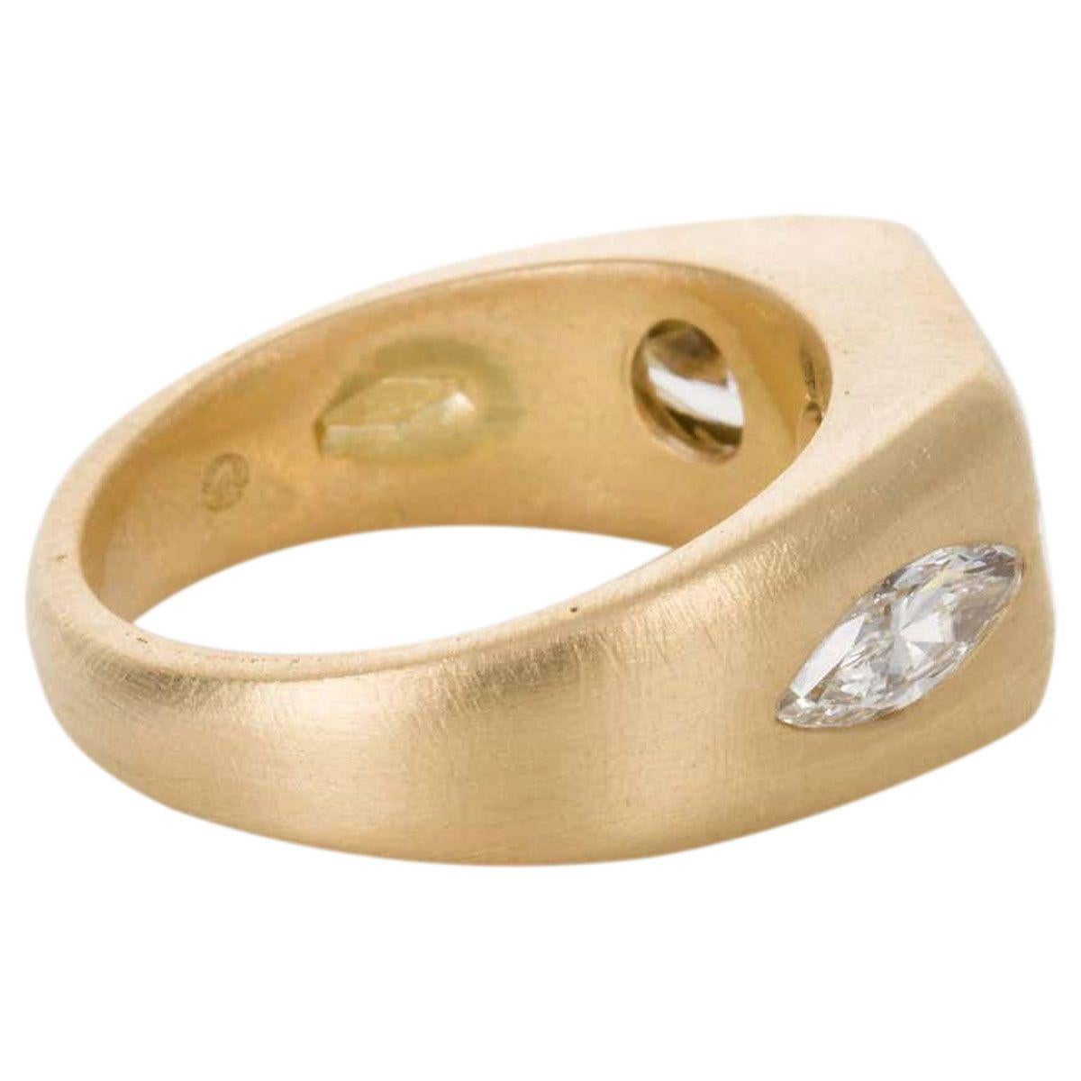 Women's or Men's 18 carat Brushed Yellow Gold Marquise Cut Hammer Set Diamond Ring