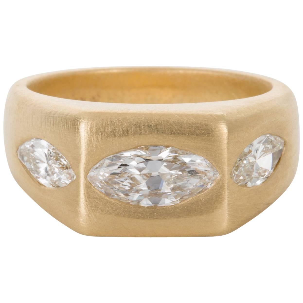 18 carat Brushed Yellow Gold Marquise Cut Hammer Set Diamond Ring