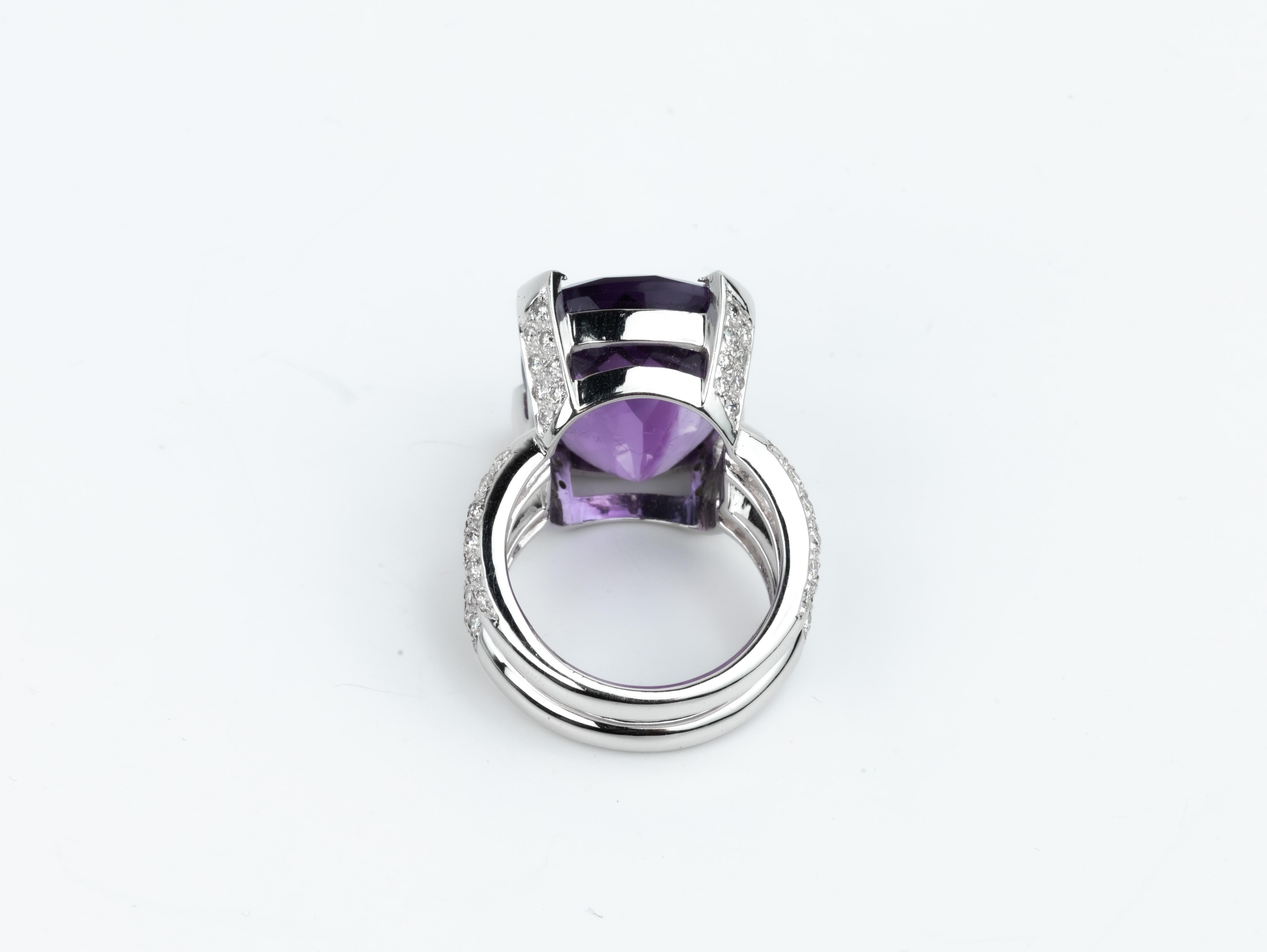 18 Carat Cushion Cut Purple Amethyst 1ct Diamond Cocktail Statement Ring 18k For Sale 5