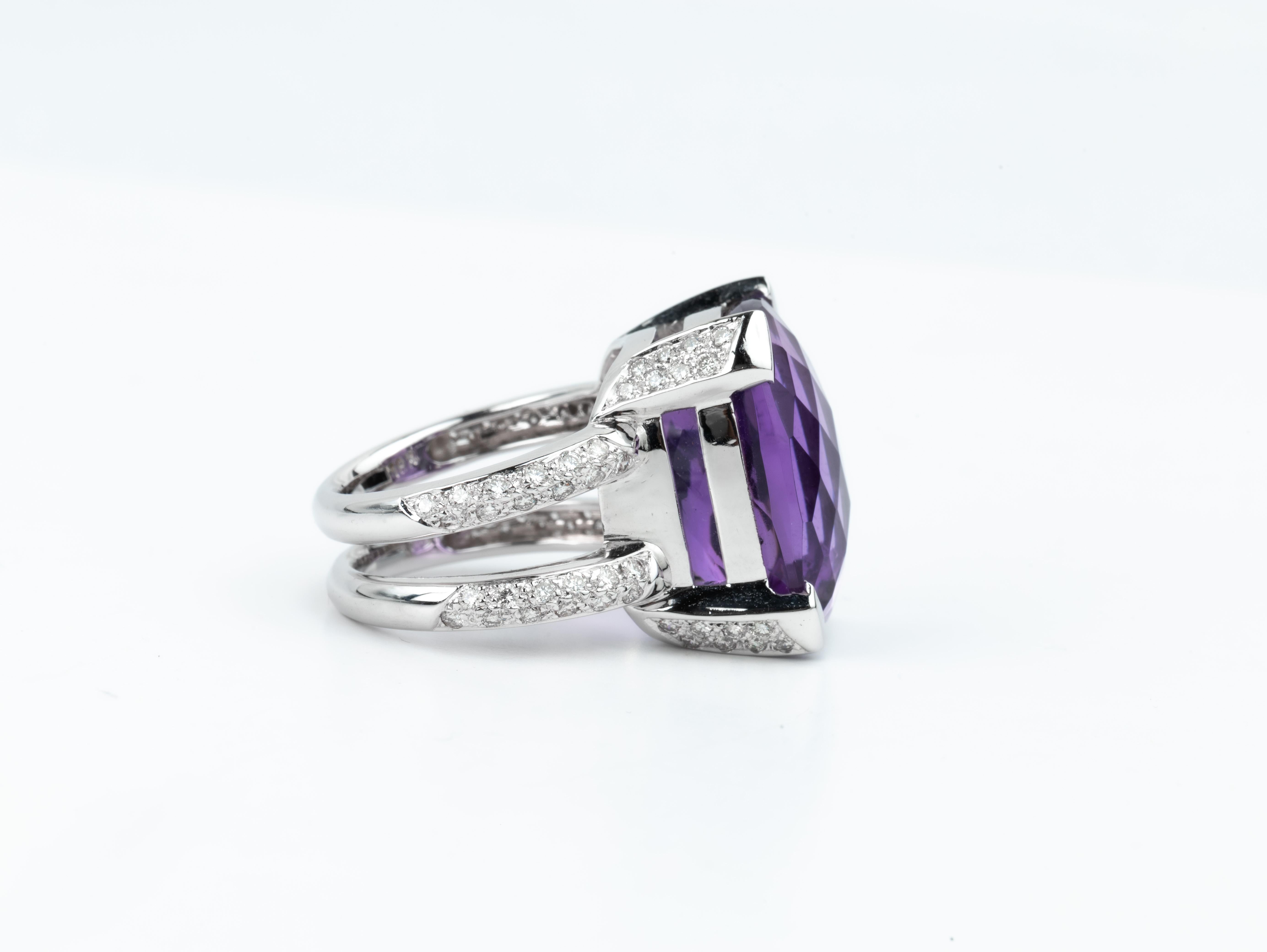 Taille coussin 18 carat Cushion Cut Purple Amethyst 1 CT Diamond Cocktail Statement Ring 18k en vente