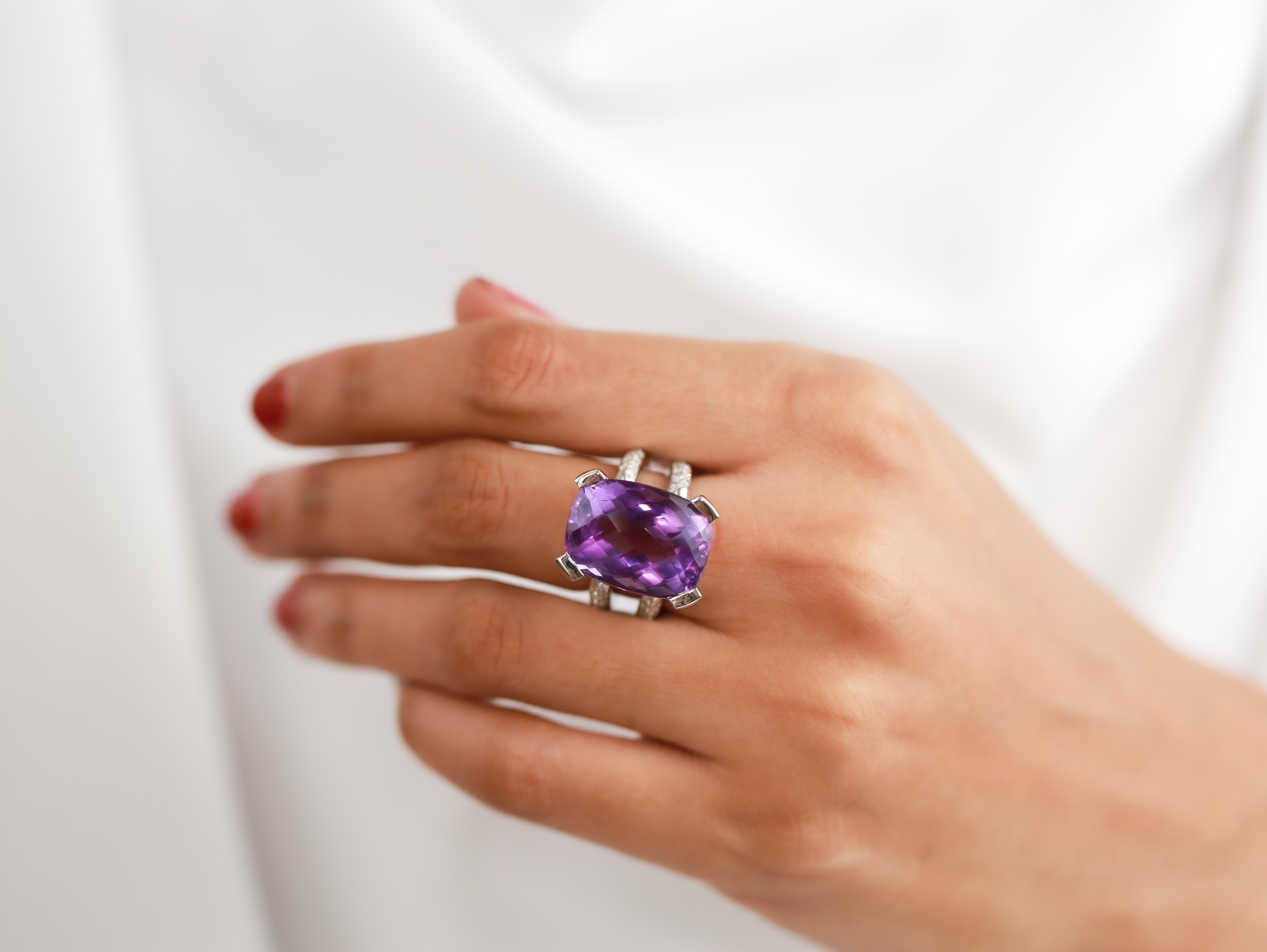 18 carat Cushion Cut Purple Amethyst 1 CT Diamond Cocktail Statement Ring 18k Pour femmes en vente