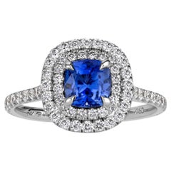 Anello con diamante a cuscino da 1,8 carati Zaffiro blu reale in oro bianco 14 carati Raffinato Light