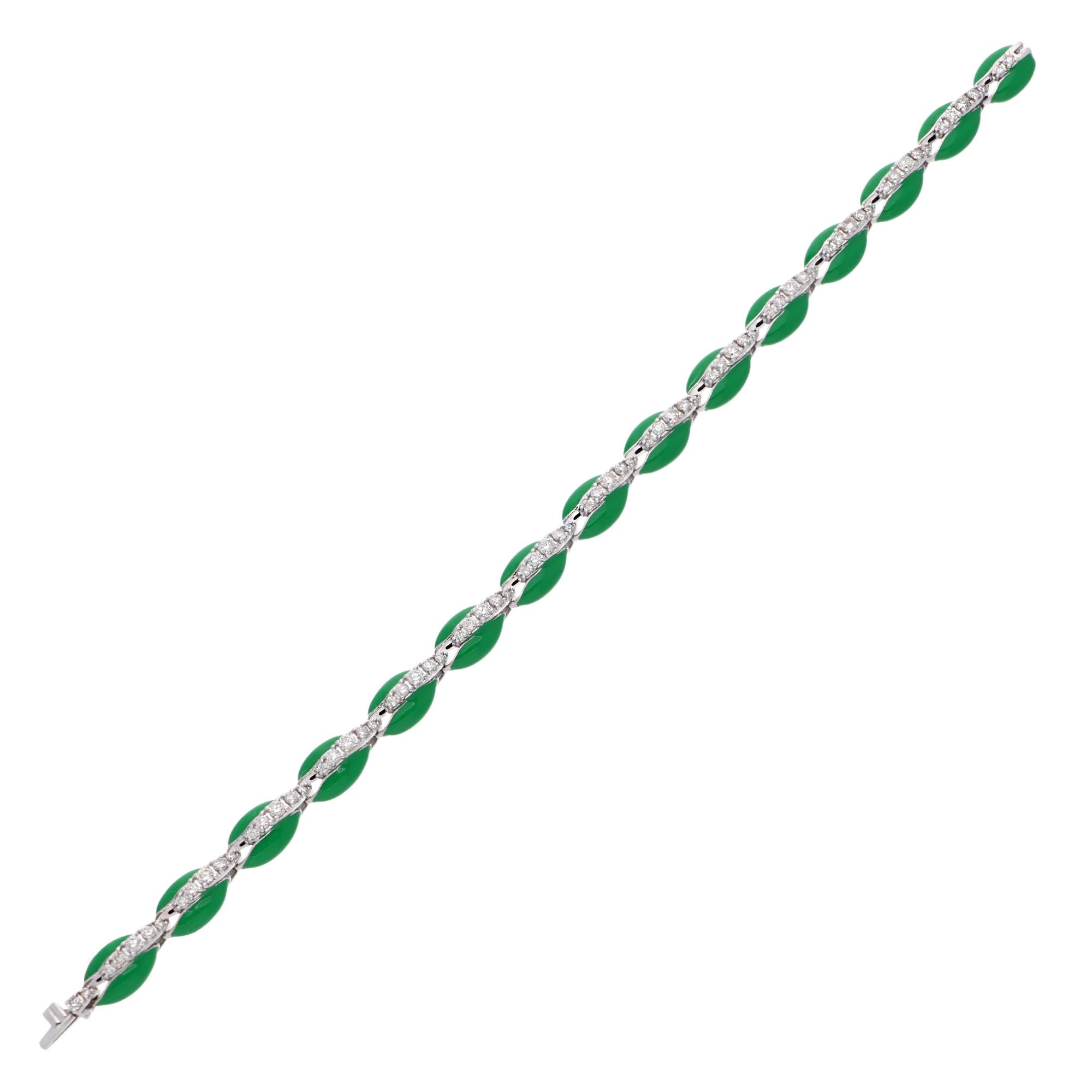 Modern 1.8 Carat Diamond Green Enamel Cowrie Shell Bracelet 10 Karat White Gold Jewelry For Sale