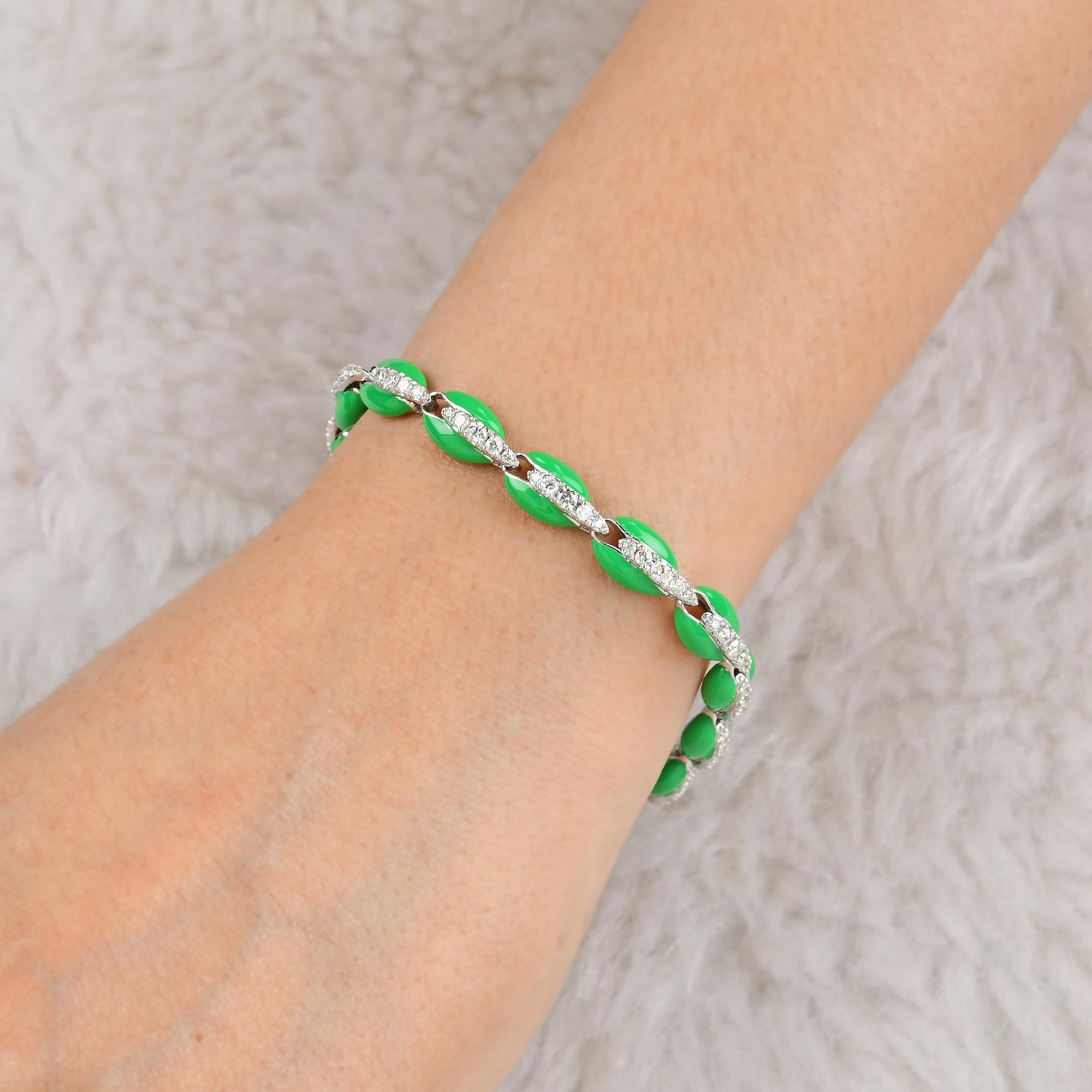 Baguette Cut 1.8 Carat Diamond Green Enamel Cowrie Shell Bracelet 10 Karat White Gold Jewelry For Sale