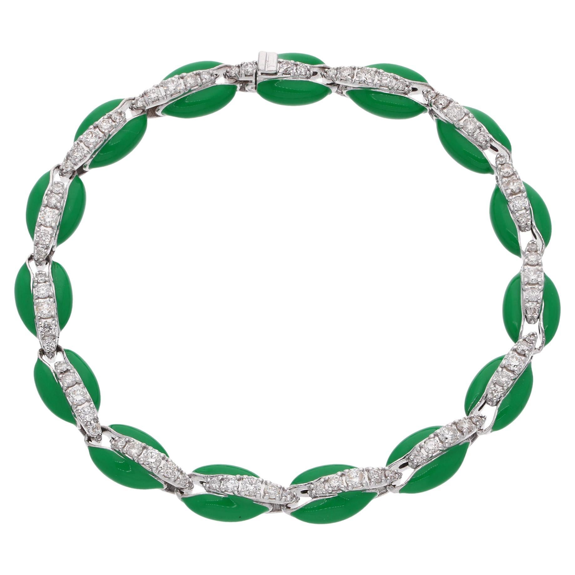 1.8 Carat Diamond Green Enamel Cowrie Shell Bracelet 10 Karat White Gold Jewelry For Sale