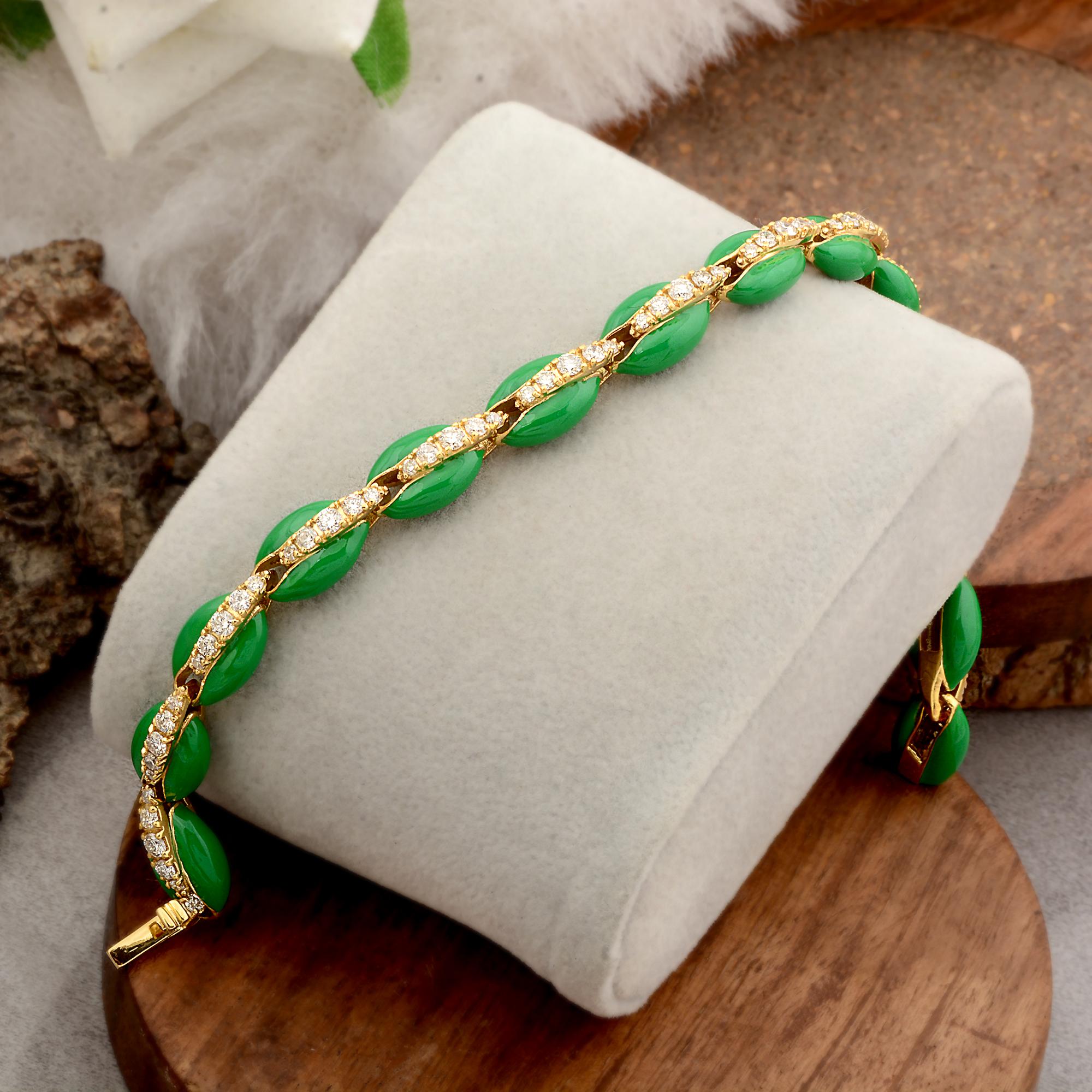 Moderne Bracelet à breloques en forme de coquillage cauris pavé de diamants 1,8 carat, en or jaune 10k et émail vert en vente