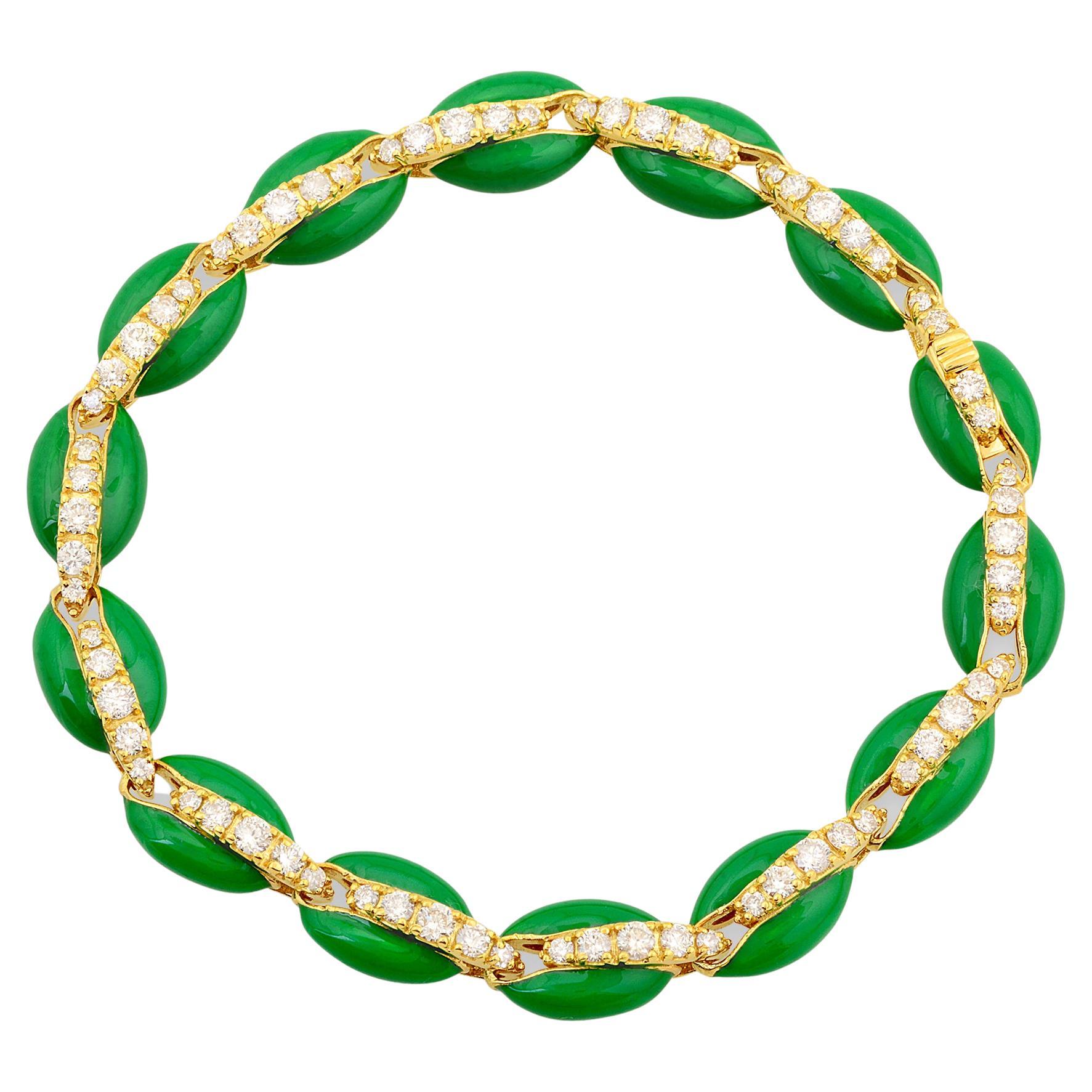 1.8 Carat Diamond Pave Cowrie Shell Charm Bracelet 10k Yellow Gold Green Enamel For Sale
