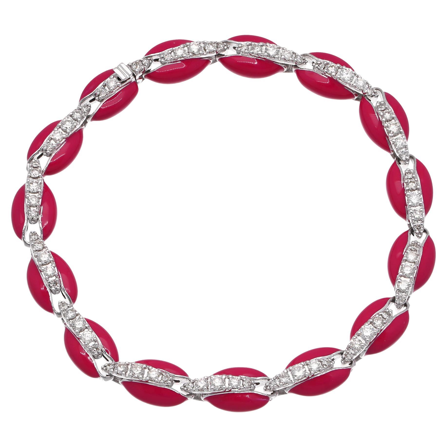1.8 Carat Diamond Red Enamel Cowrie Shell Bracelet 10 Karat White Gold Jewelry For Sale