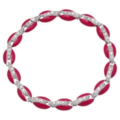 Bracelet en or blanc 10 carats avec émail rouge et coquille de vache et diamants de 1,8 carat