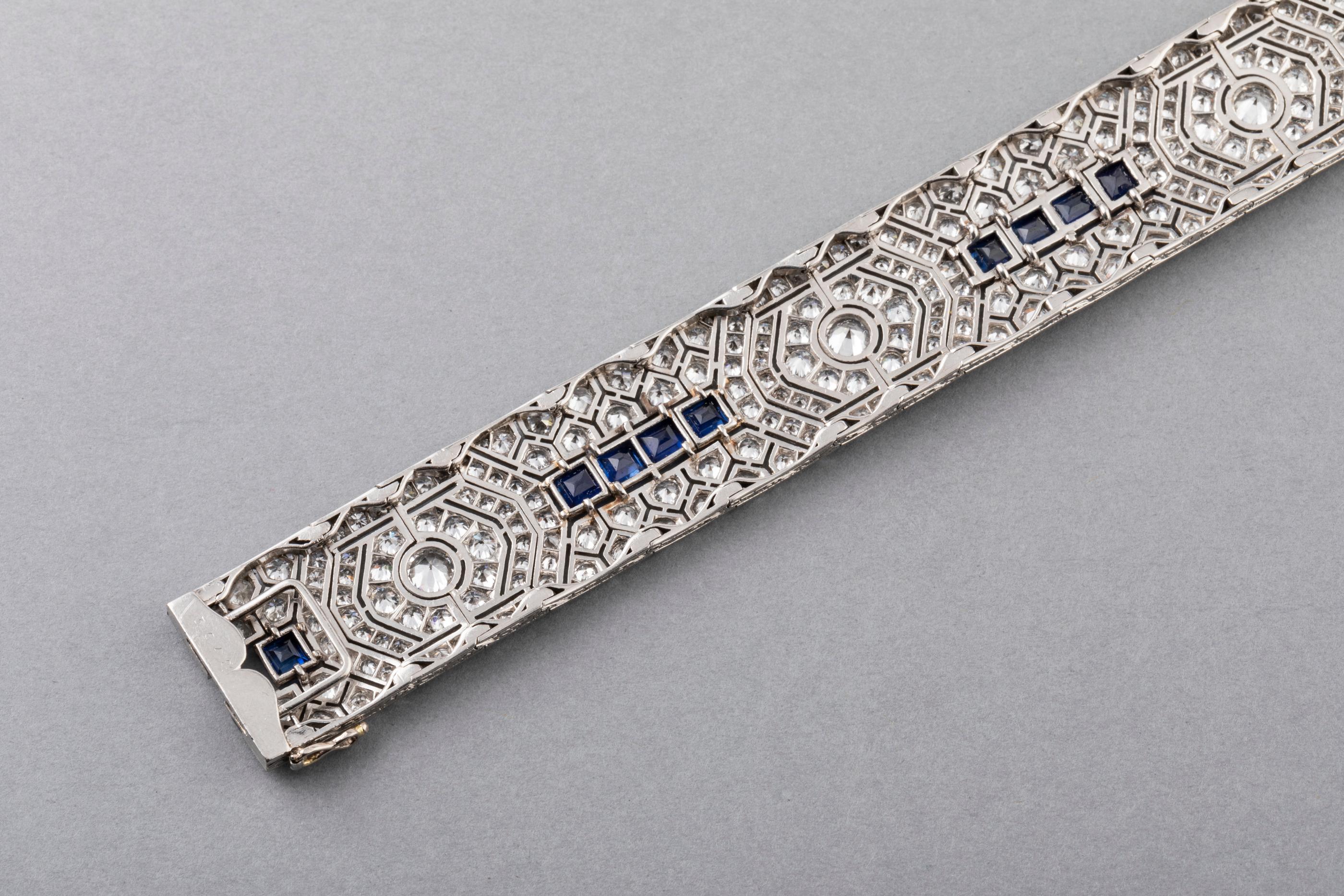 18 Carat Diamonds and 5 Carat Sapphires French Art Deco Bracelet 5