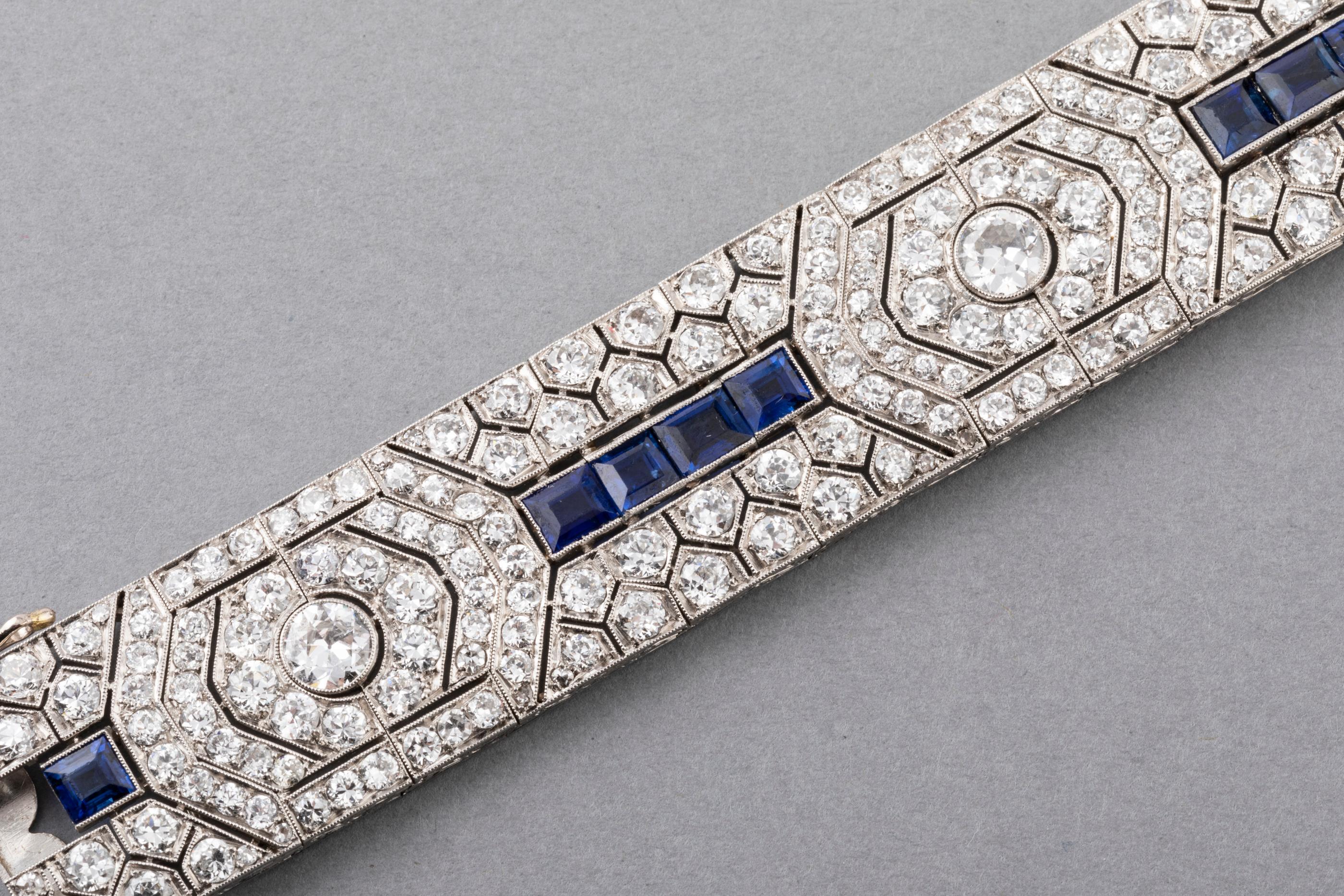French Cut 18 Carat Diamonds and 5 Carat Sapphires French Art Deco Bracelet