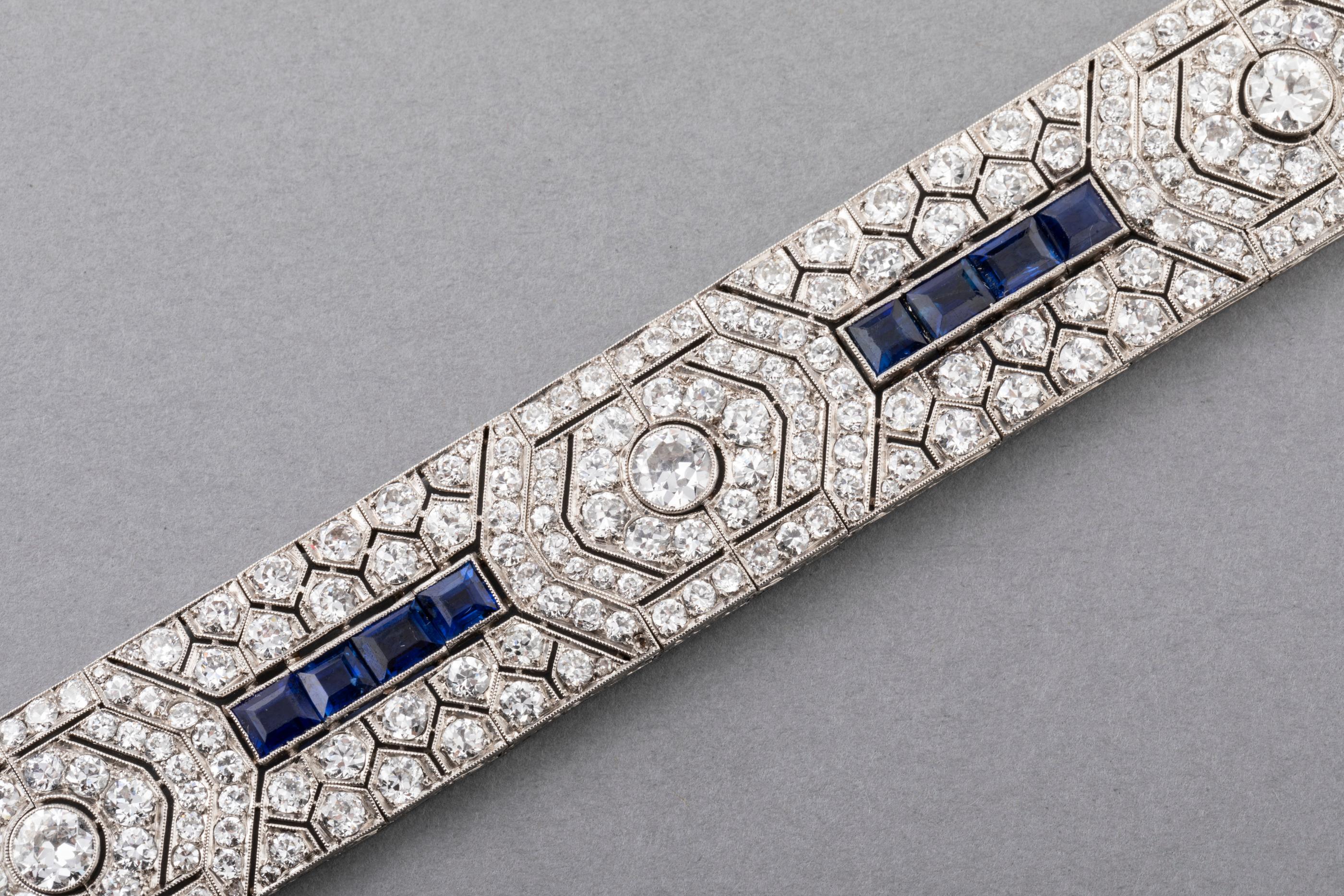 18 Carat Diamonds and 5 Carat Sapphires French Art Deco Bracelet In Good Condition In Saint-Ouen, FR